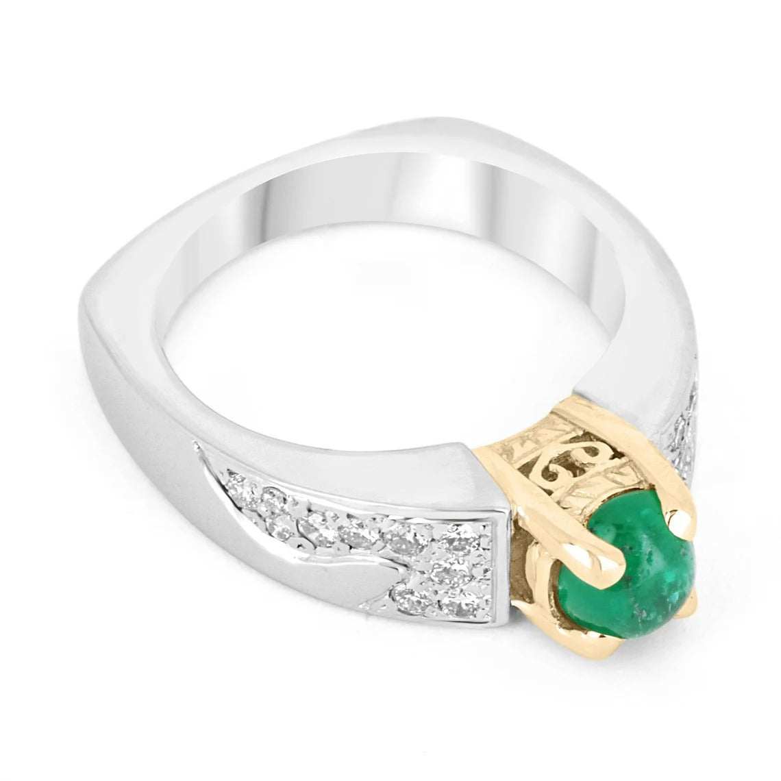 0.90tcw Oval Natural Emerald Cabochon & Diamond Brilliant Round Statement Ring in 18K Gold - Elegant Jewelry for Weddings, Parties & Special Occasions