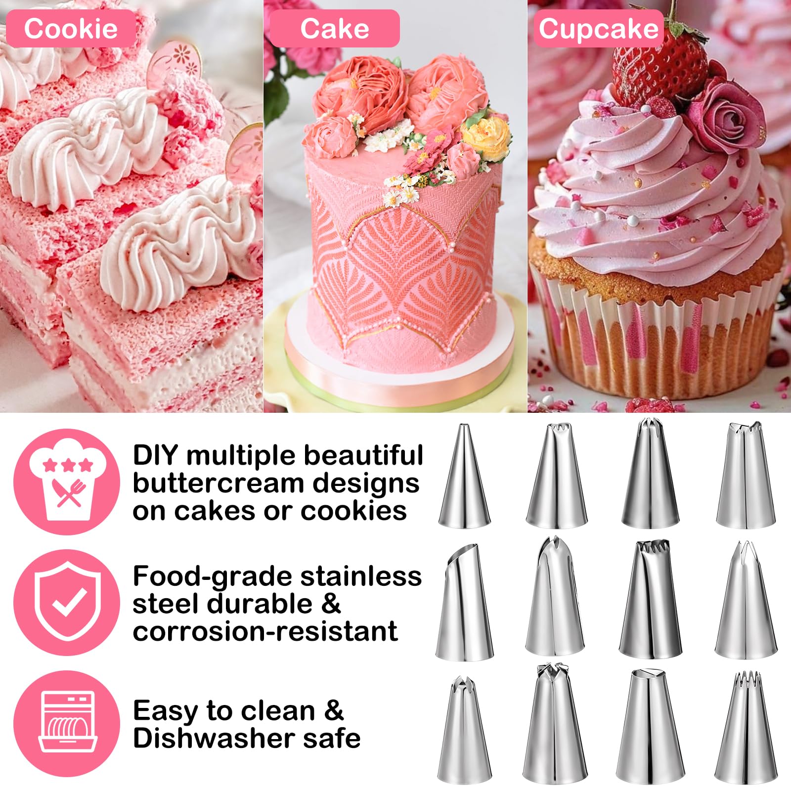 12-Piece Stainless Steel Cake Decorating Tips Set - Reusable Piping Bags & Frosting Nozzles for Baking, DIY Pastry, Cookies, Cupcakes | Professional Baking Tools for Home Bakers & Cake Decorating Parties
