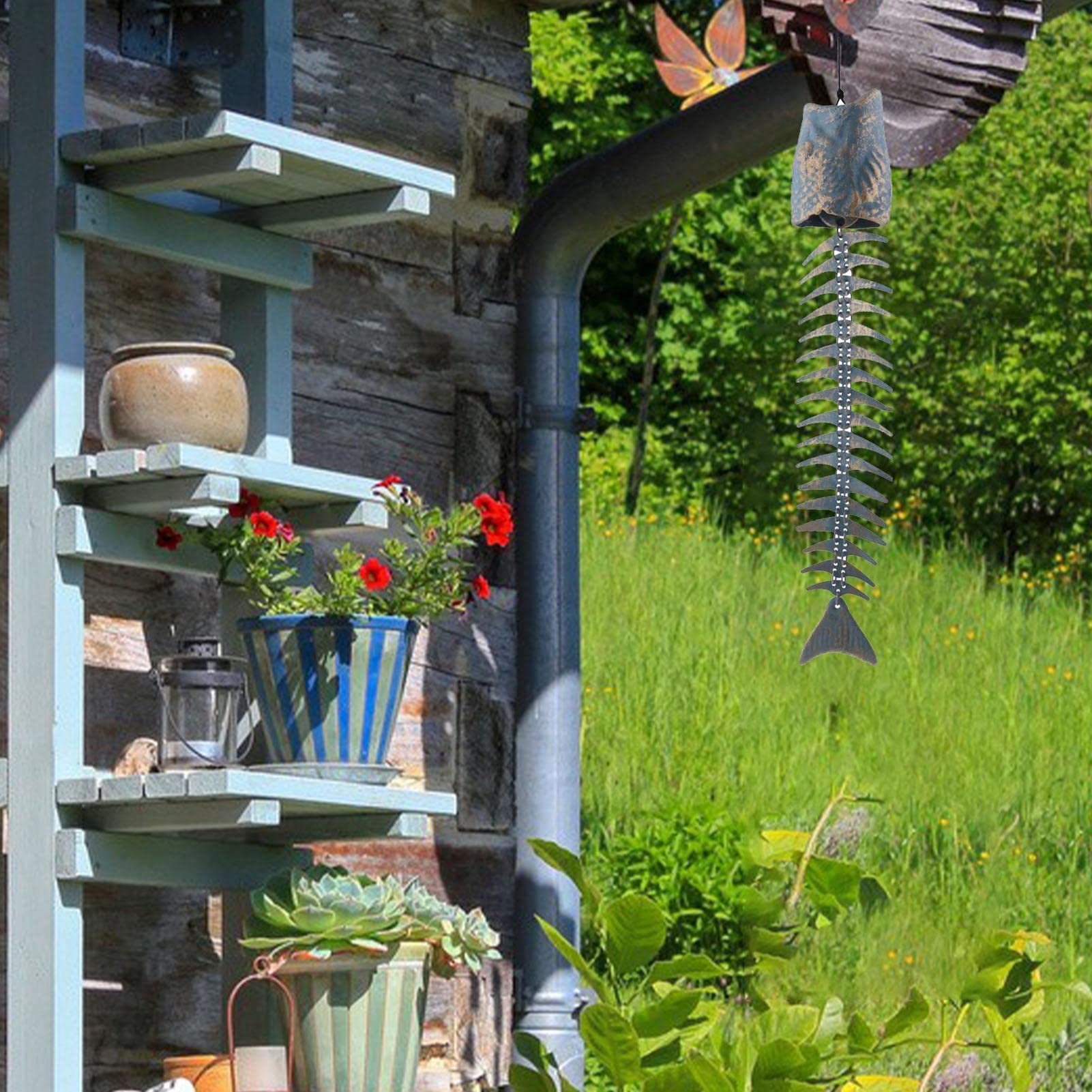 Cast Iron Metal Fish Wind Chime with Bronze Skeleton Bells - Outdoor Garden Decor for Porch, Patio & Courtyard | Relaxing Wind Chimes for Meditation & Stress Relief