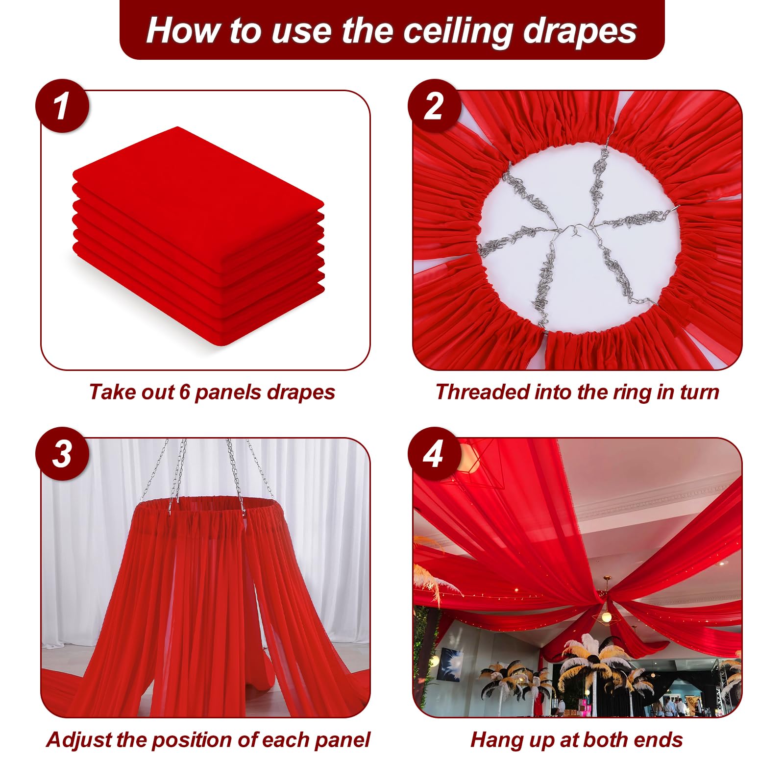Elegant Red Chiffon Ceiling Drapes - 6 Panels 5ftx15ft Wedding Arch Draping Fabric with Rod Pocket - Perfect for Wedding Decor, Party Backdrops & Home Decoration