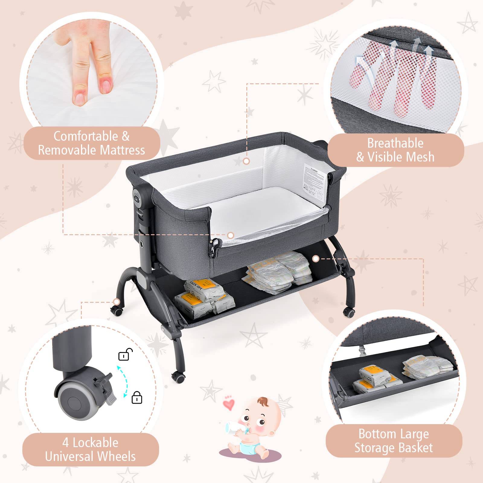 HONEY JOY 3-in-1 Portable Baby Bassinet & Bedside Sleeper with Soft Mattress, Storage Basket & Carry Bag - Adjustable Height Crib for Newborns, Infant Travel Crib with 4 Lockable Wheels (Gray) | Perfect for Nursery, Bedroom Co-Sleeping & Family Travel