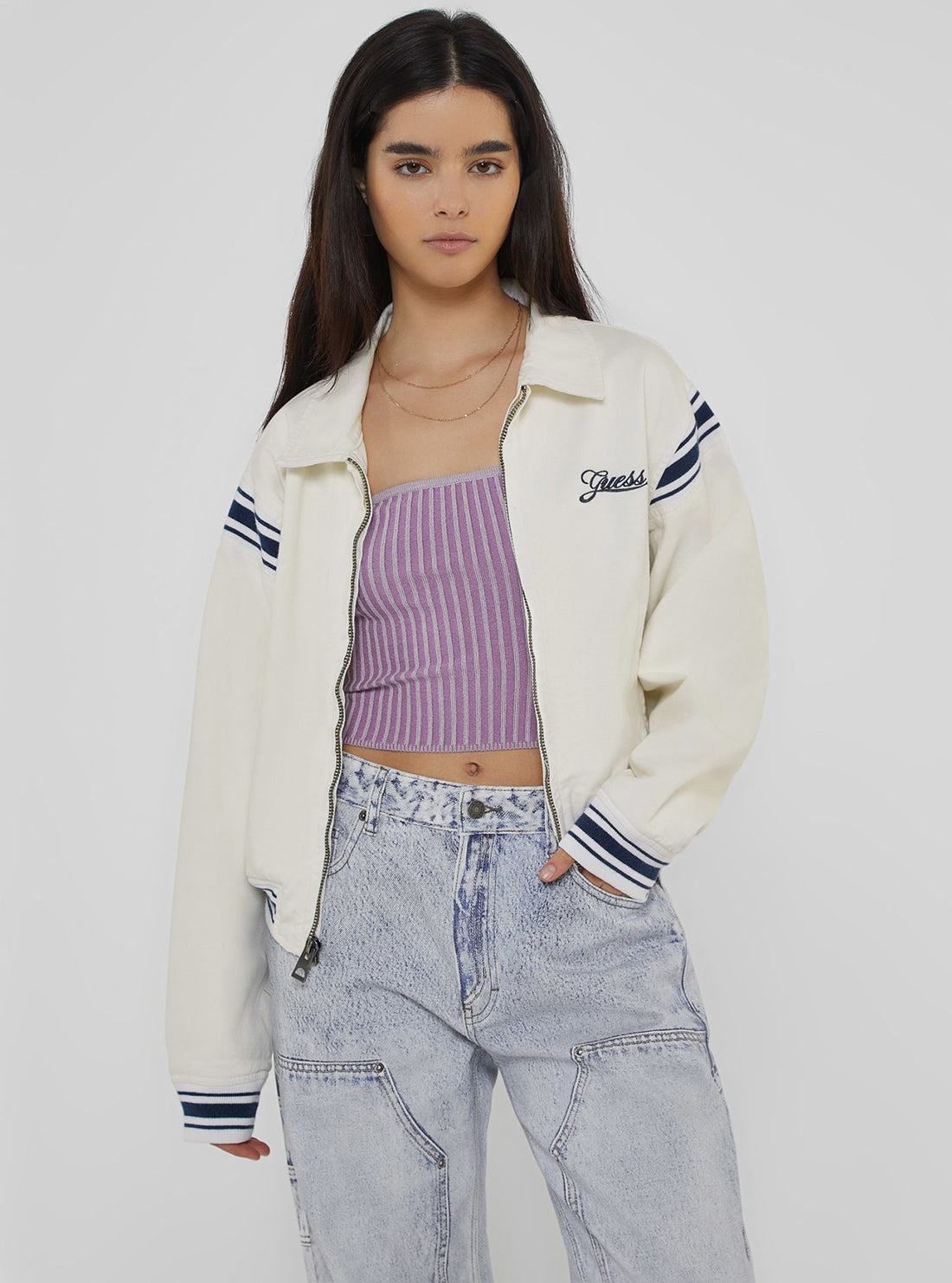 Guess Originals White Cropped Jacket for Women | Stylish Denim Jacket | Perfect for Spring & Summer Outfits | Casual Wear, Street Style, and Date Nights
