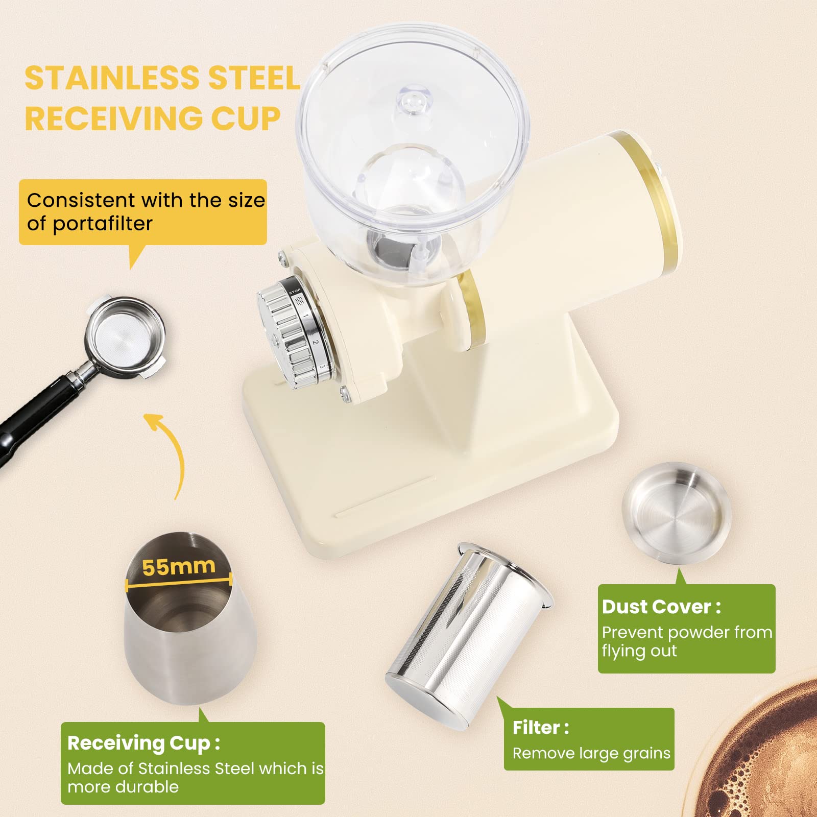 Electric Burr Coffee Grinder for Espresso - Stainless Steel with Brush, Creamy White - Perfect for Home & Office Use