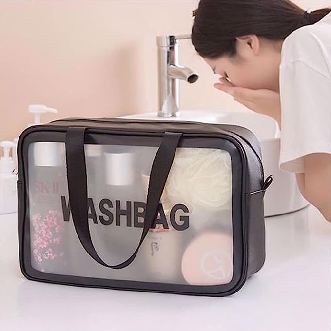 Waterproof PVC Clear Toiletry Bag with Zipper - Travel Cosmetic Makeup Organizer for Women & Men - Perfect for Gym, Beach, Camping & Airplane Carry-On (Black)