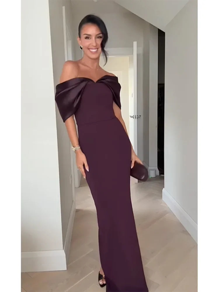 Elegant Purple Satin Patchwork Off Shoulder Midi Dress for Women - Sleeveless Backless Slim Fit Long Vestido Evening Gown for Party, Wedding, Prom & Special Occasions