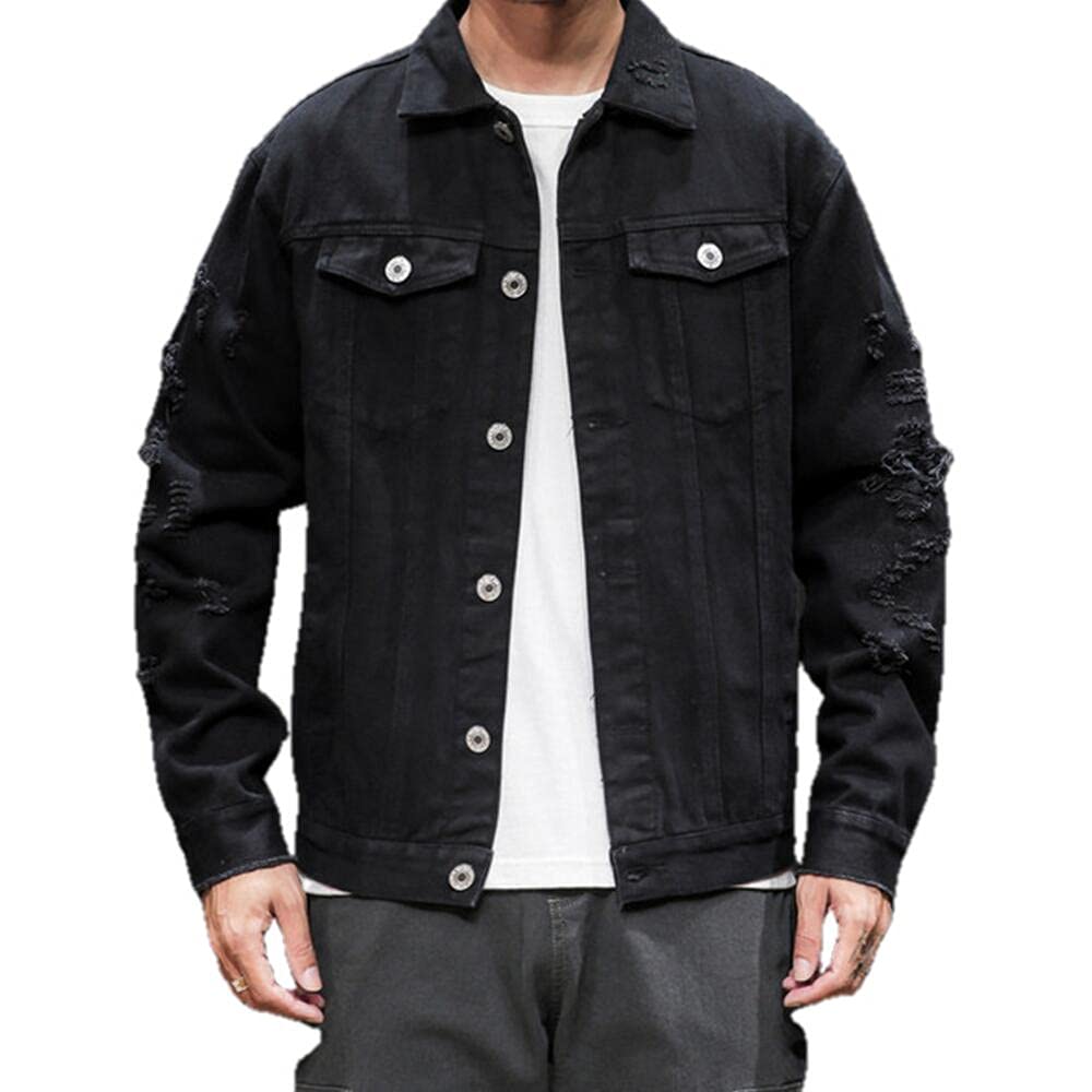 Men's Distressed Denim Bomber Jacket for Fall - Stylish Ripped Vintage Look - Perfect for Casual Outfits, Streetwear & Layering in Cool Weather
