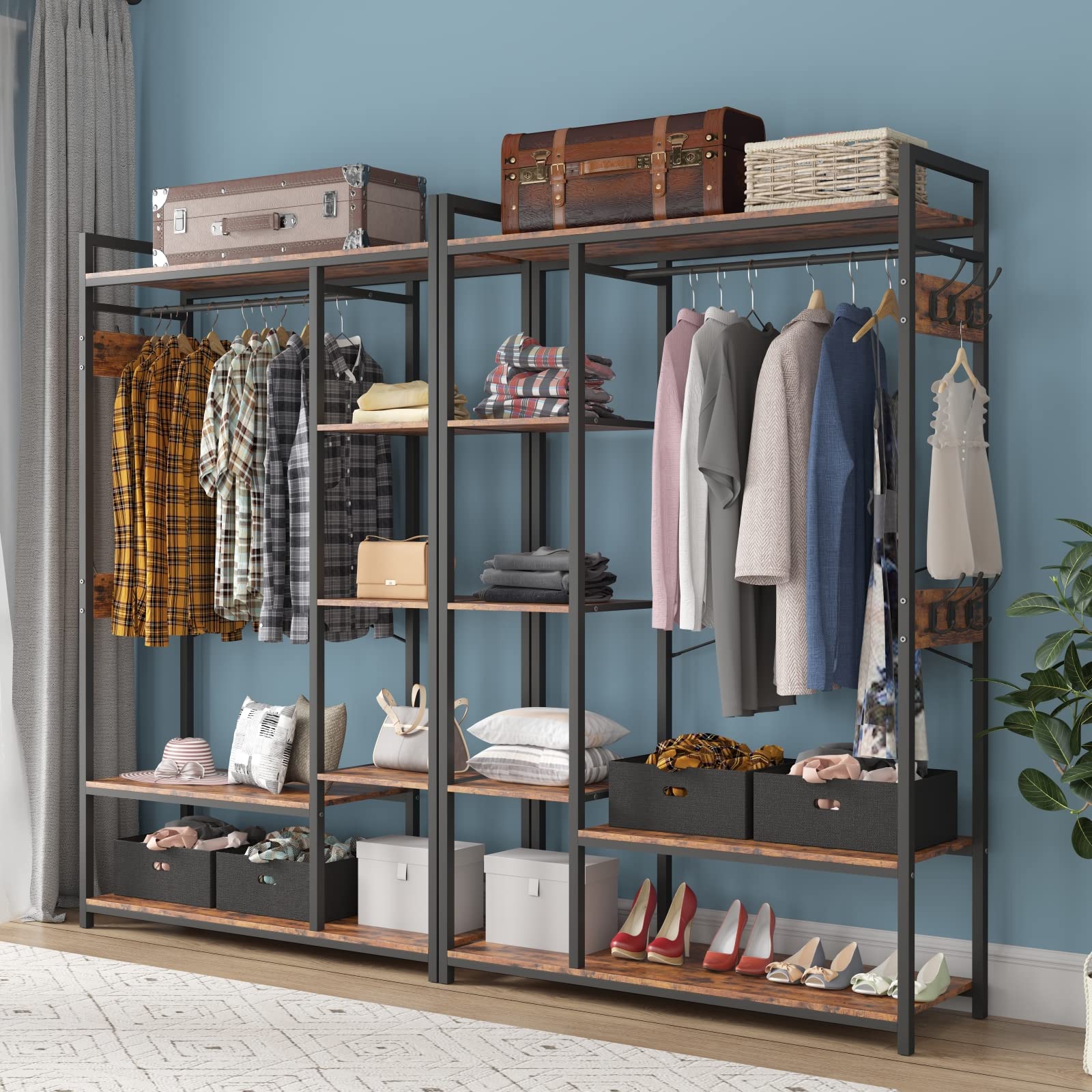 Free-Standing Closet Organizer with Storage Box & Side Hook - Portable Garment Rack with 6 Shelves & Hanging Rod - Black Metal Frame & Rustic Board Finish - Perfect for Bedroom, Closet, Dorm & Small Space Organization (Rustic Brown)