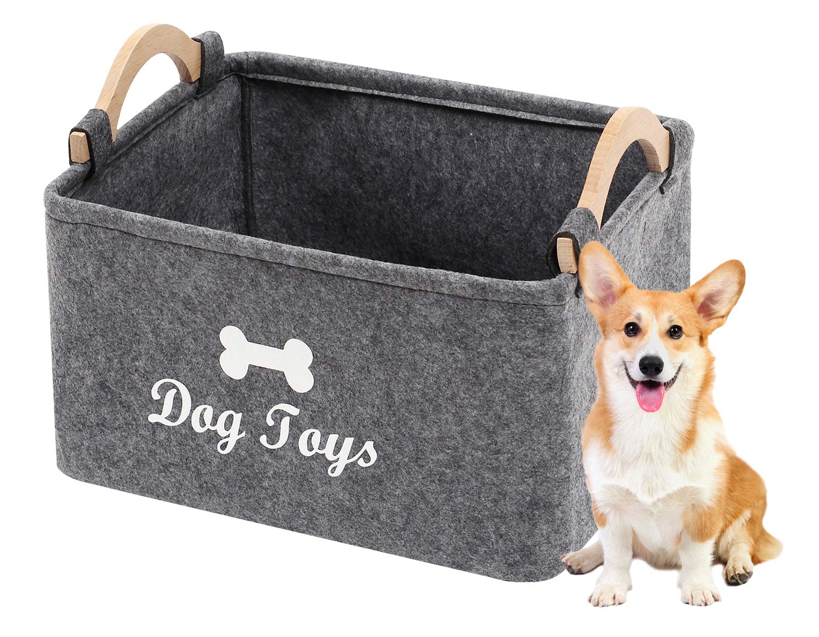 Geyecete Collapsible Dog Toy Storage Bin with Wooden Handle - Large Pet Supplies Organizer Basket for Toys, Chew Bones & Accessories | Perfect for Living Room, Bedroom or Nursery Organization (Grey)