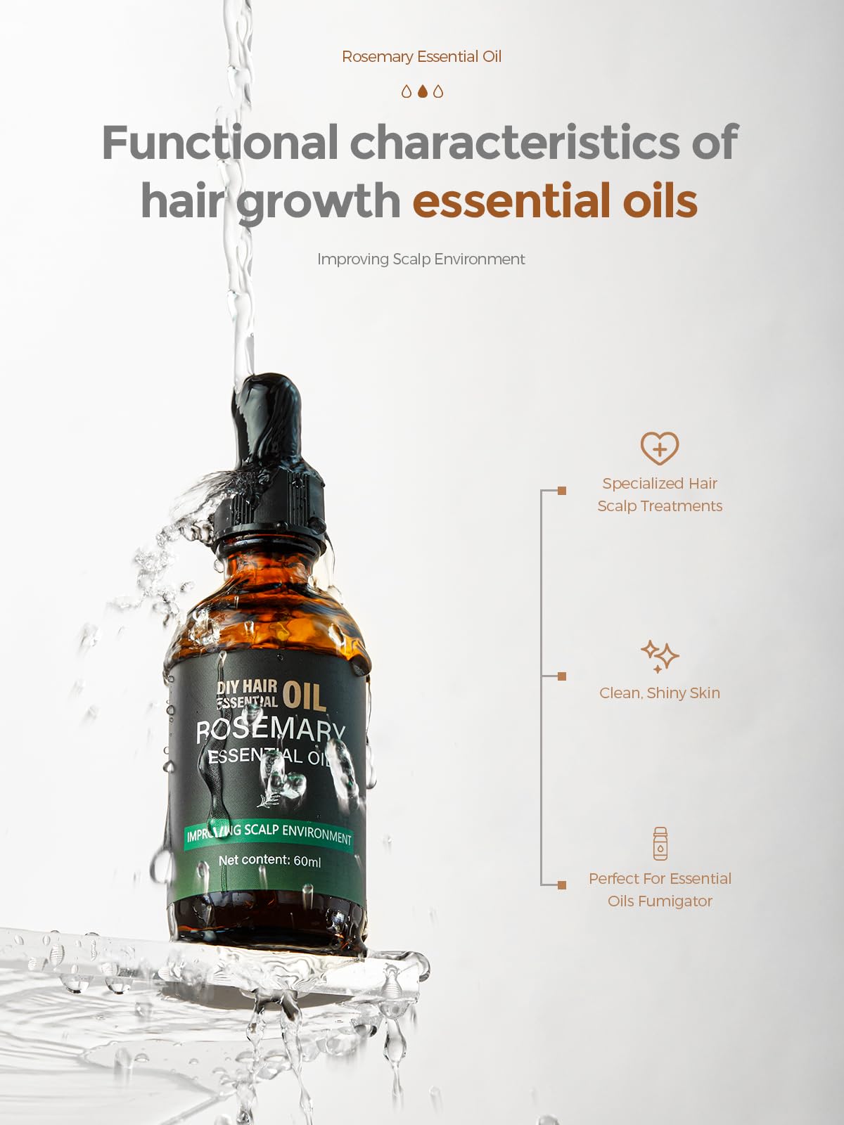 Organic Rosemary Essential Oil for Hair Growth & Scalp Care - 100% Pure Natural Hair Oil for Thicker, Stronger Hair - Nourishing Serum for Diffusers, Massage & Dry Scalp Treatment (2 Fl Oz with Glass Dropper) - Perfect for Daily Hair Routine & Aromatherapy Sessions