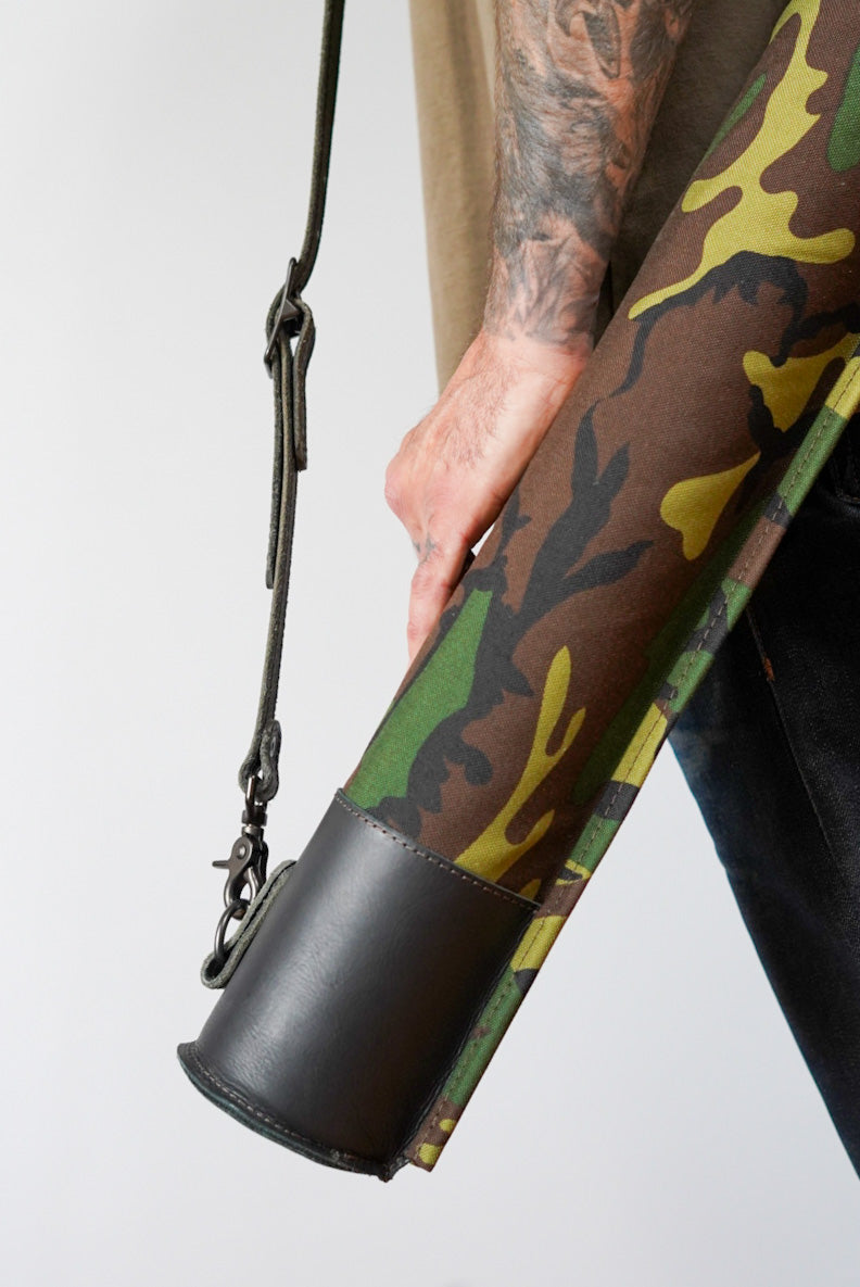 LIMITED EDITION Camo Fishing Rod Case with Black Leather Accents - Durable Protection for Fishing Gear Storage & Travel