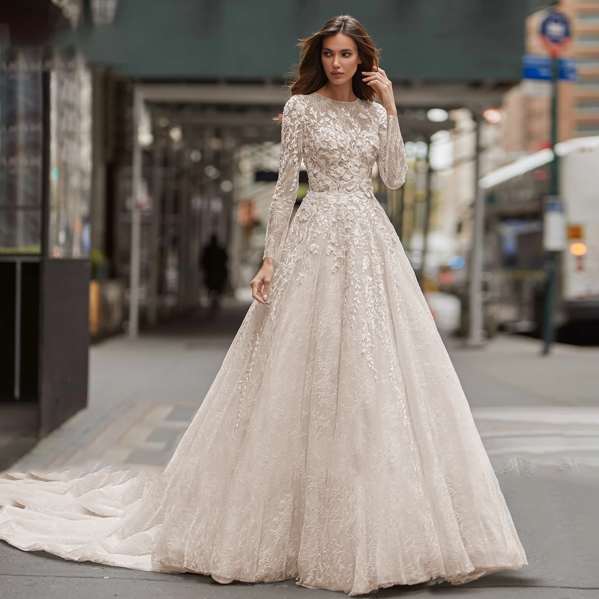 Elegant A-Line Long Sleeve Wedding Dress with Scoop Neckline, Sequined Illusion Beading & Brush Train - Perfect for Church, Beach or Garden Weddings