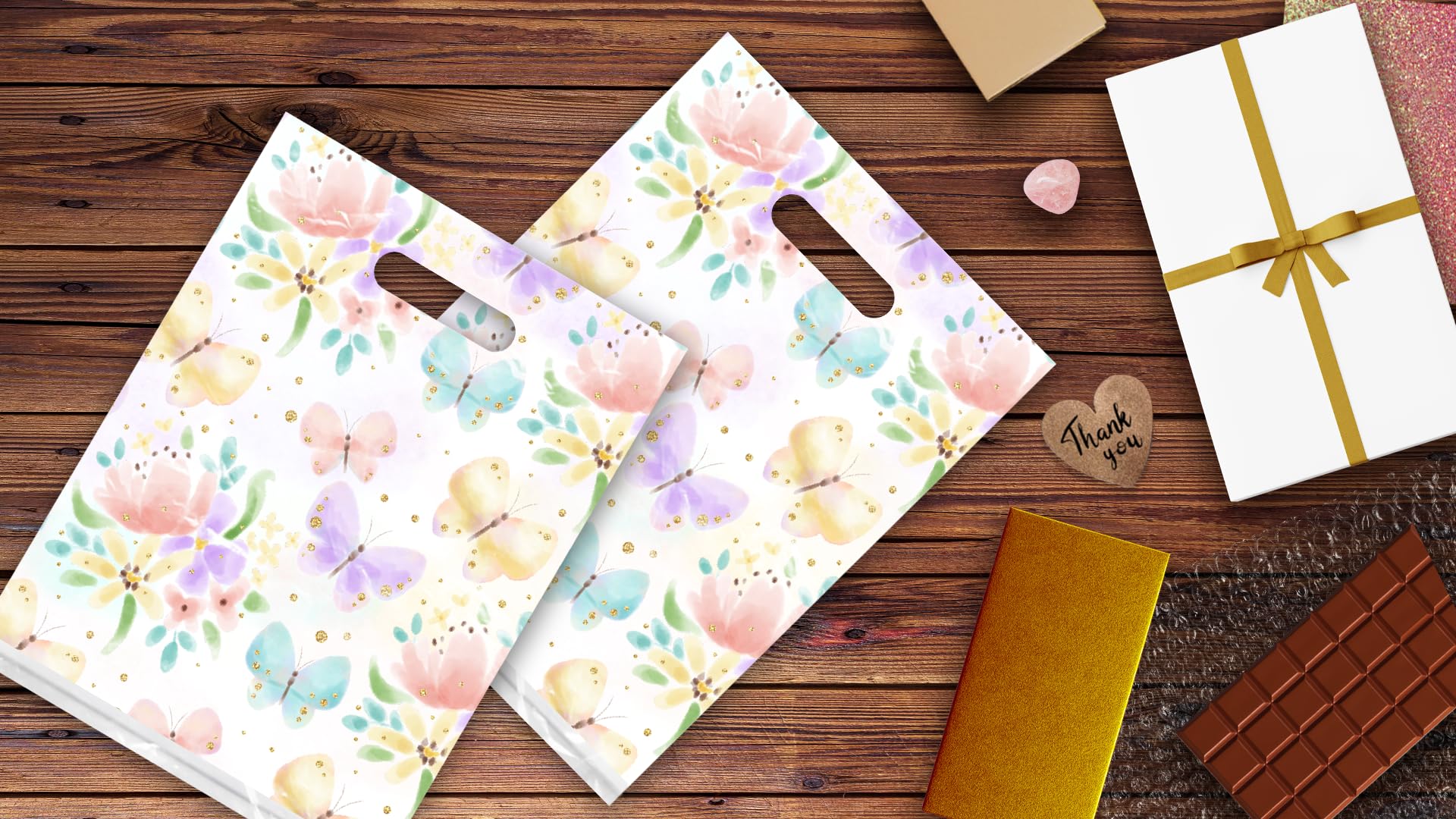 9x12 Inch 100-Pack Floral Butterfly Printed Boutique Shopping Bags with Die-Cut Handles - Premium Retail Merchandise Bags for Small Business Owners | Perfect for Gift Wrapping, Wedding Favors & Boutique Packaging