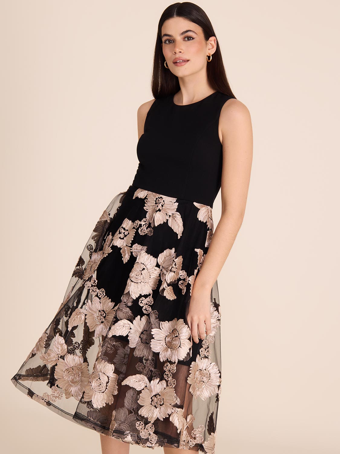 Floral Mesh Midi Fit & Flare Dress for Women - Elegant Party & Wedding Guest Outfit