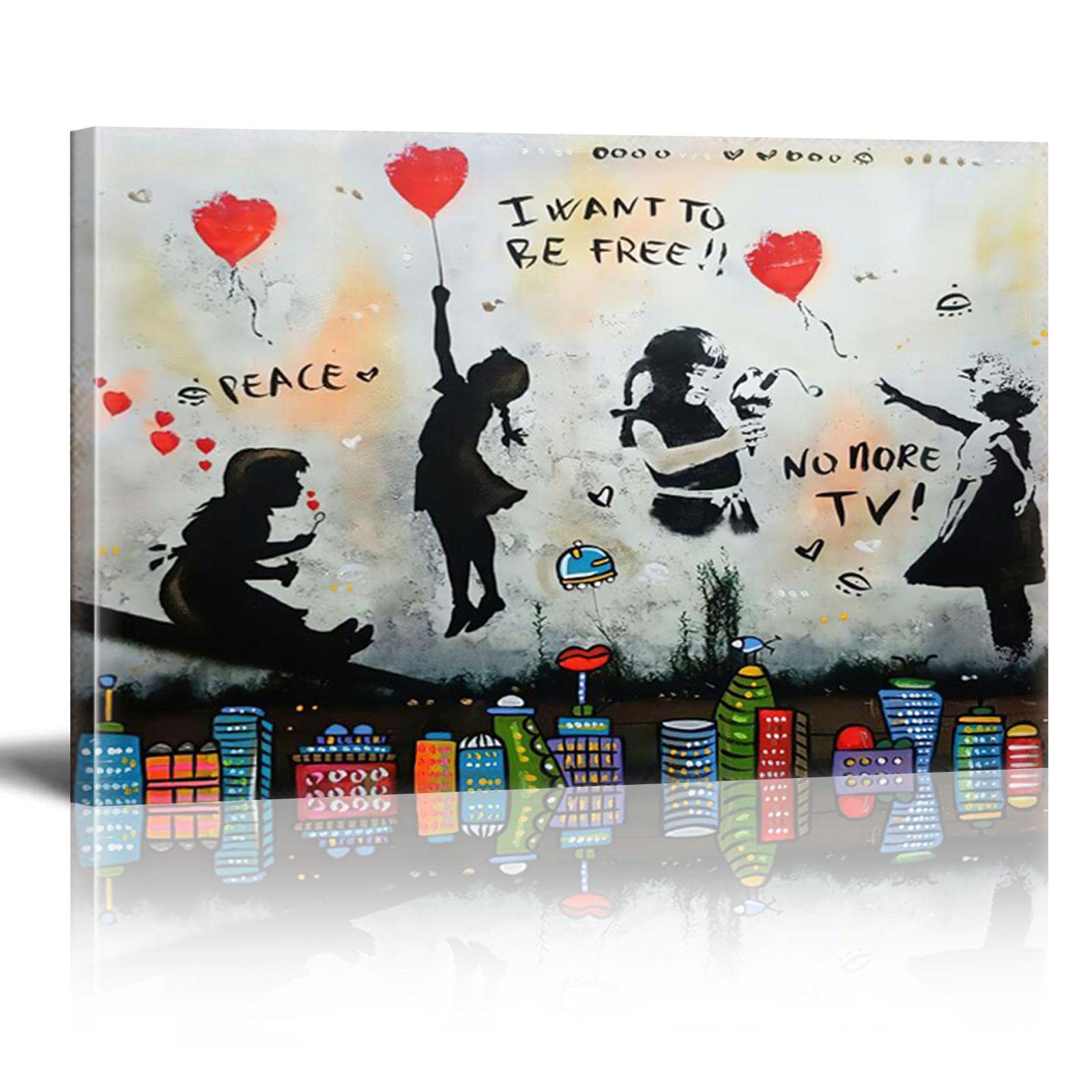 Banksy Balloon Girl Graffiti Wall Art - Large Stretched Canvas Painting Print (80x120cm/32×47 inch) Framed Ready to Hang - Perfect for Living Room, Bedroom & Office Wall Decor