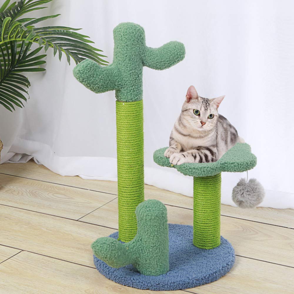Cactus Cat Scratching Post with Dangling Ball - Flower Shaped Cat Tree & Climbing Activity Platform for Kittens and Small Cats | Pet Supplies for Indoor Play and Exercise