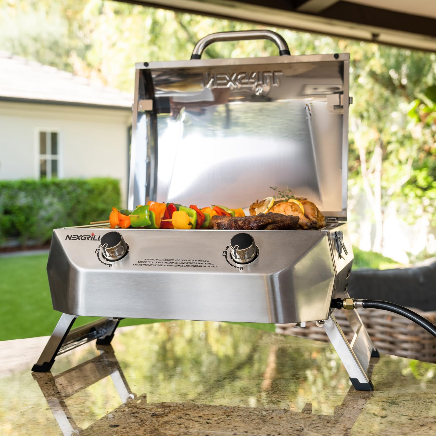 Nexgrill 2-Burner Portable Gas Grill - Stainless Steel, 20,000 BTU, 251 Sq In Cooking Space with Locking Lid & Folding Legs - Perfect for Camping, Backyard BBQs, Tailgating, and Outdoor Cooking (Model 820-0007GE)
