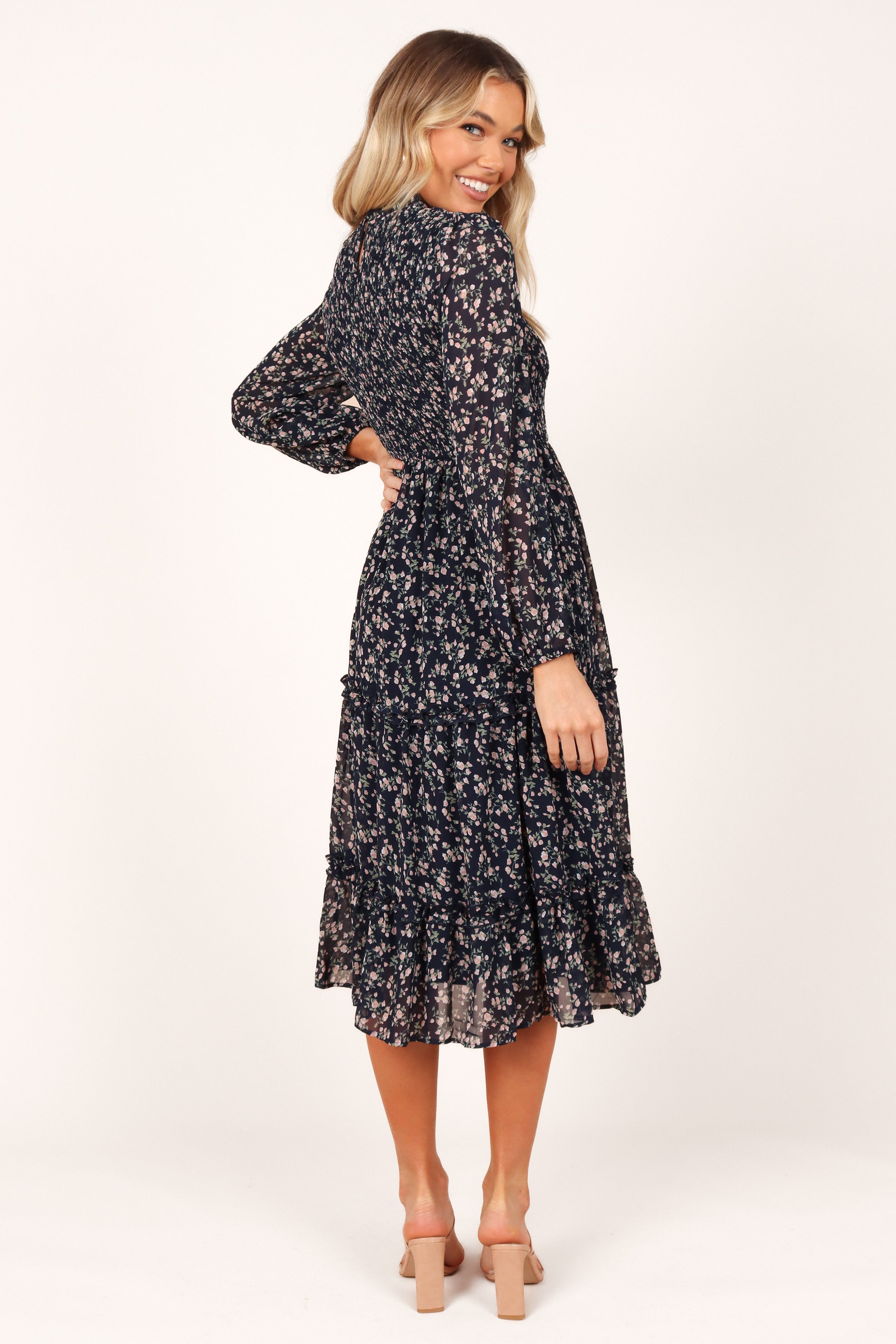 Edwina Women's Navy Floral Shirred Frill Long Sleeve Midi Dress - Elegant Party, Wedding Guest & Spring Occasion Outfit