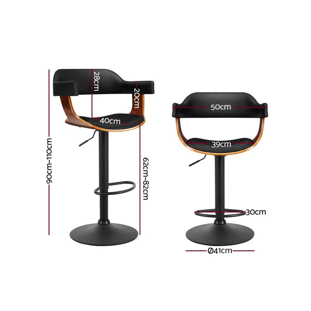 Artiss Adjustable Height Bar Stools with Gas Lift Mechanism, PU Leather Upholstery and Armrests - All Black - Perfect for Kitchen Islands, Home Bars and Counter Height Dining