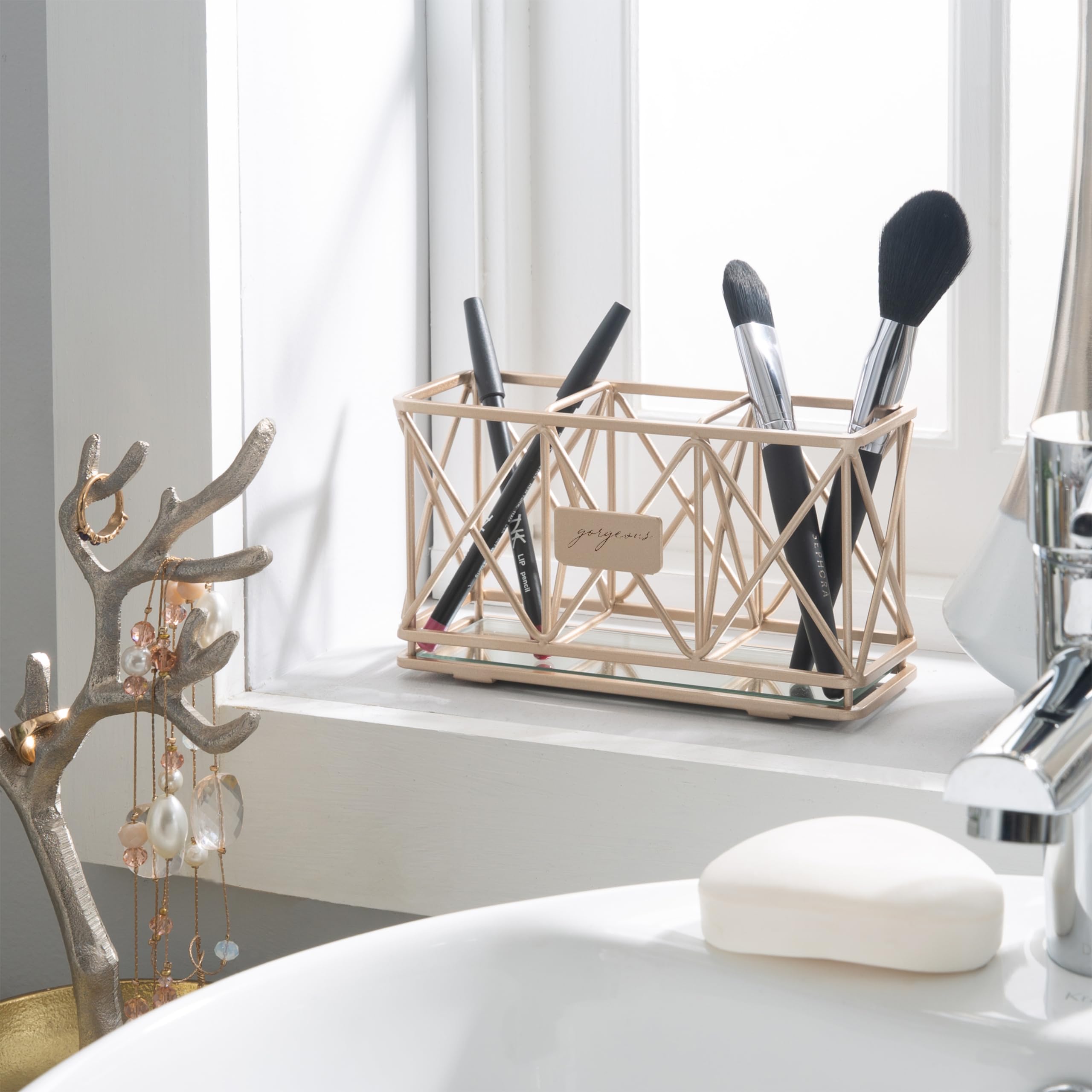 3 Compartment Cosmetic Brush Holder - Rose Gold Makeup Organizer for Vanity, Bathroom & Office | Pencil & Brush Storage | Dresser & Mirror Base Organizer | Perfect for Makeup Artists & Beauty Enthusiasts