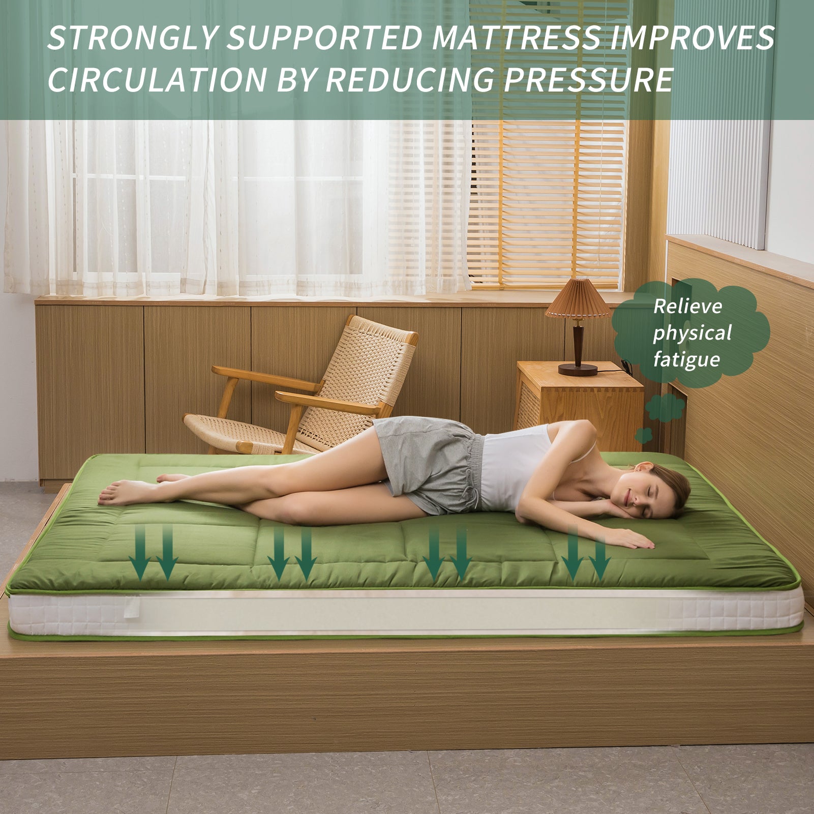 MAXYOYO Padded Japanese Floor Mattress - Green Foldable Roll Up Futon Mattress for Bedroom, Guest Room & Travel | Comfortable Floor Sleeping & Lounging