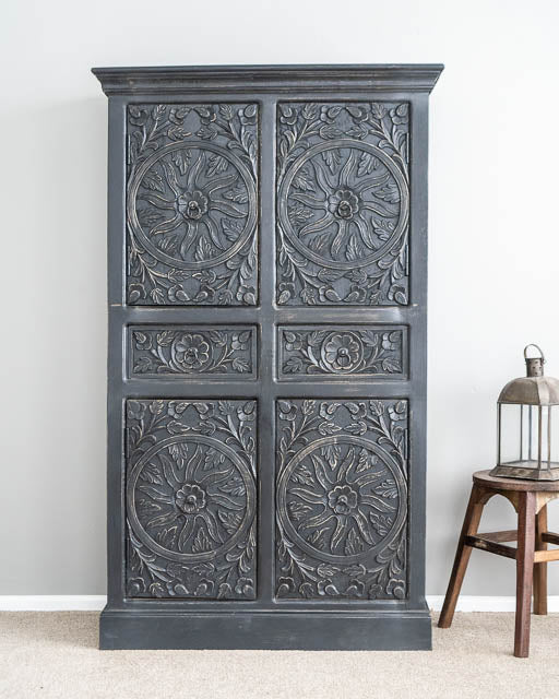 Hand Carved Tallboy Charcoal Wooden Indian Armoire Closet - Vintage Storage Cabinet for Bedroom, Living Room & Entryway Organization