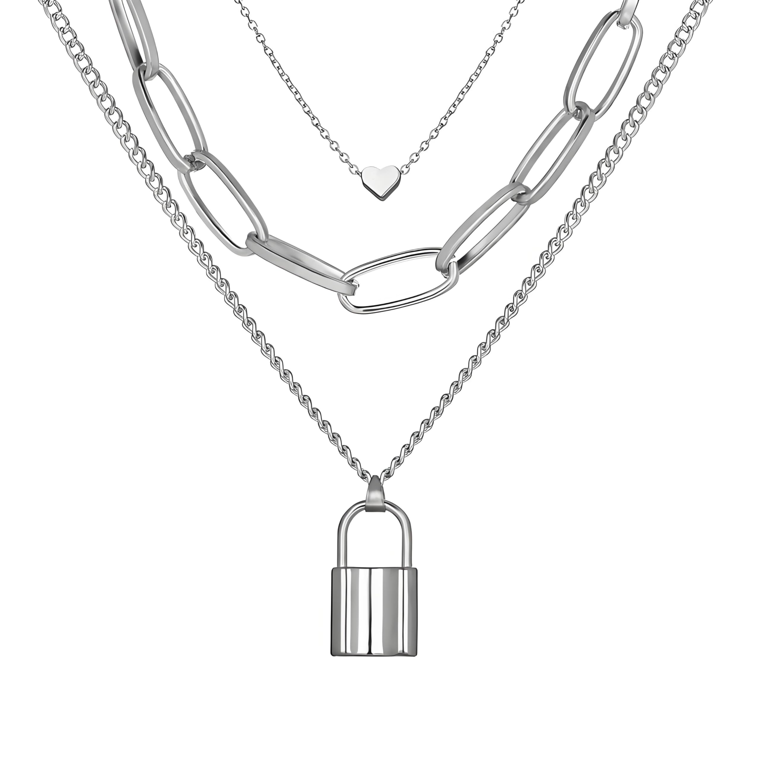 ONLYJUMP Stacked Lock Necklaces for Women - Black Lock Chains Heart Grunge Layered Necklace, Chunky Stylish Minimalist Pendant Jewelry for Casual Wear, Date Night & Gift Giving