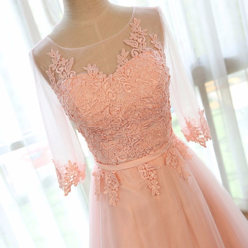 Kivary® Peach-Pink Sheer Half Sleeves A-Line Corset Prom Evening Dress for Women - Elegant Formal Gown for Homecoming, Wedding, and Special Occasions