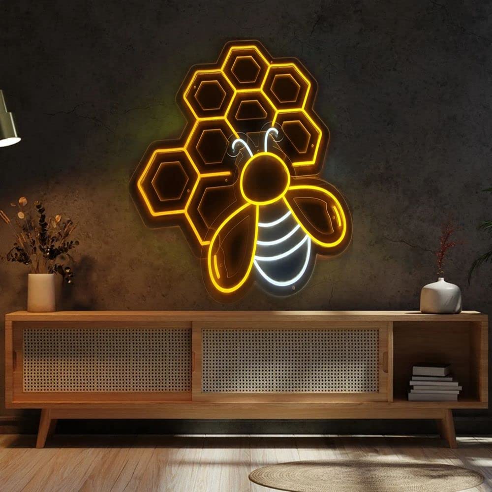 Honey Bee LED Neon Sign - Vibrant Honeycomb Wall Art for Bedroom, Bar & Cafe Decor - Perfect Beekeeper Gift & Unique Home Lighting (43x32.51cm) - Ideal for Birthday Presents, Wedding Decor & Apartment Aesthetics