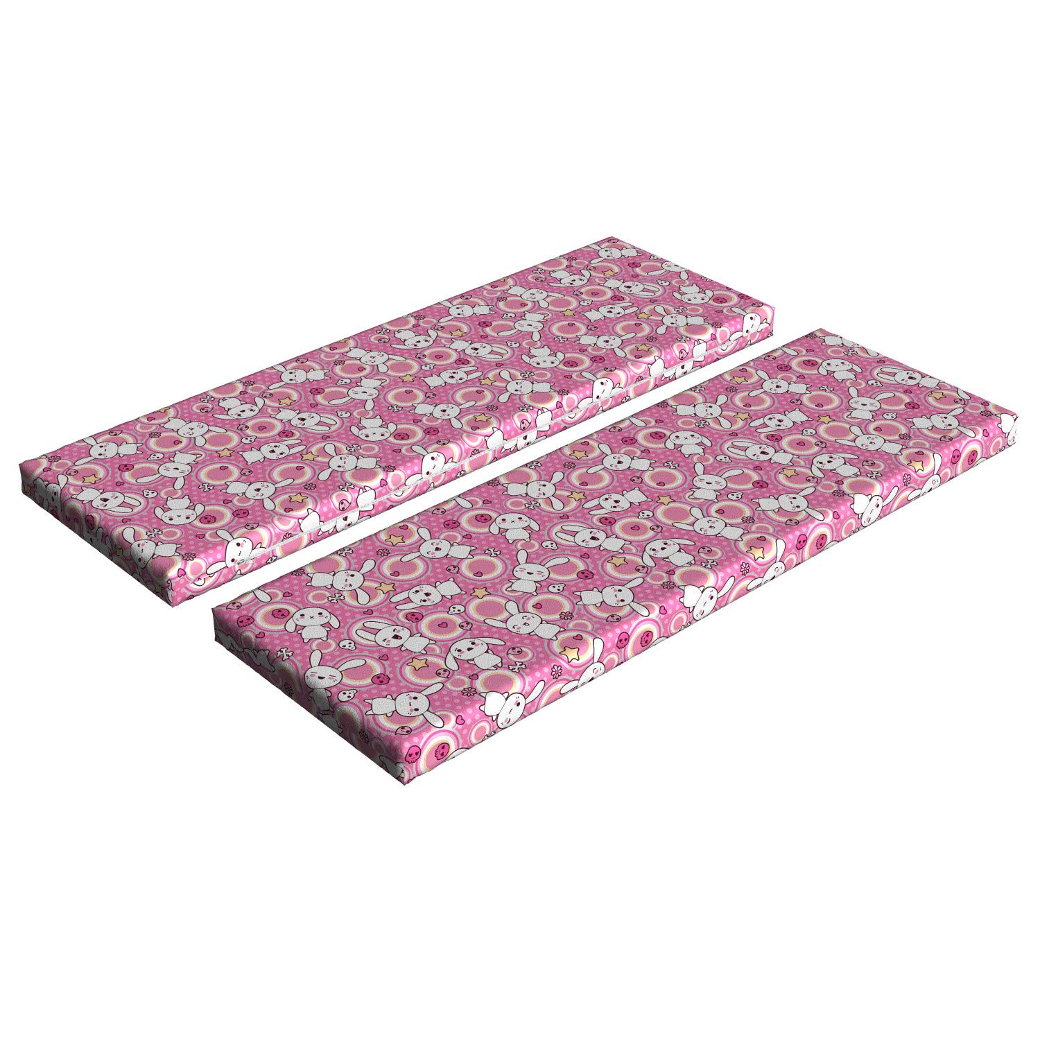 Ambesonne Anime Bench Cushion Set of 2 - Funny Kawaii Rabbit Illustration, Funky Animal Bunnies Humor Print - Standard Size Foam Pad with Decorative Cover in White & Pink - Perfect for Anime Lovers' Home Decor, Living Room Seating, and Kawaii-Themed Bedroom Accents