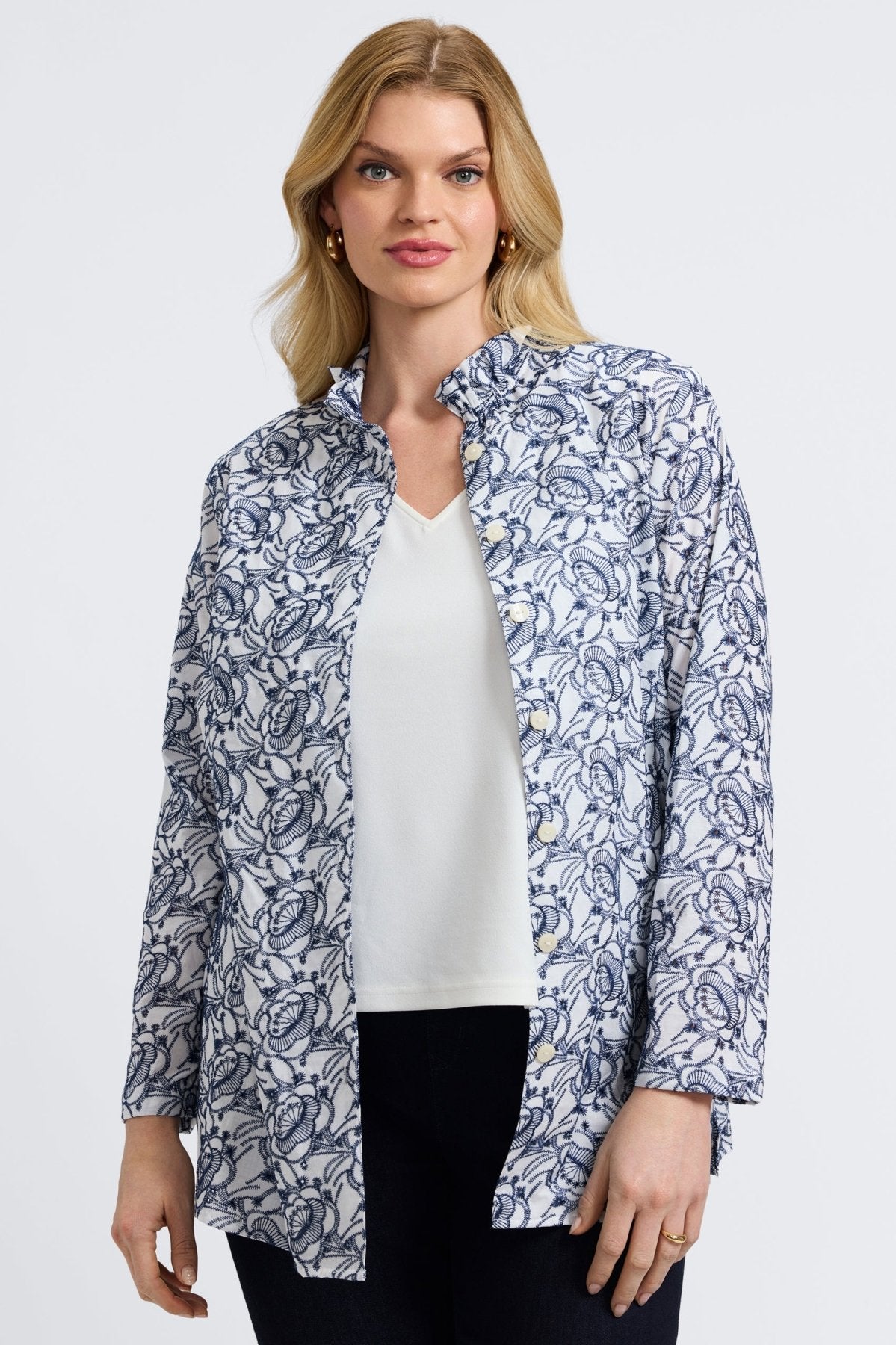 Carolina Plus Floral Allover Eyelet Long Sleeve Shirt Jacket for Women - Stylish Layering Piece for Spring & Fall Outfits - Perfect for Office, Date Night and Casual Wear
