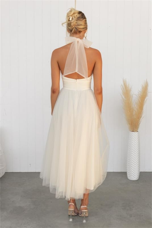 VIVICOLOR Women's Elegant Lace-up Halter Tulle Dress - Strapless Lace Mesh Bridesmaid & Wedding Guest Dress - Chiffon Formal Gown (Medium) - Perfect for Weddings, Parties & Special Occasions