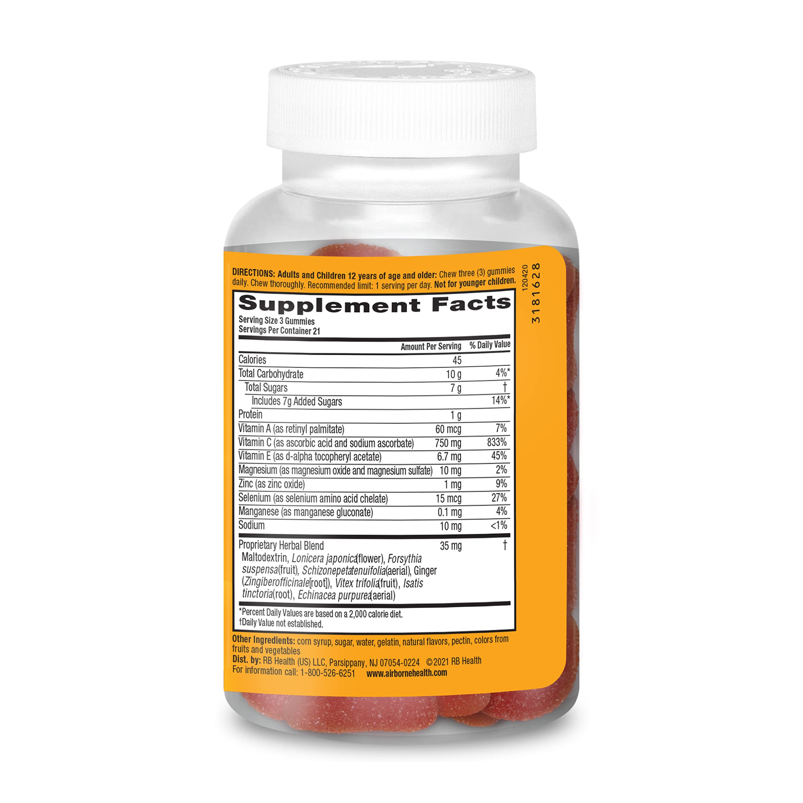 Airborne 750mg Vitamin C Gummies for Adults - Immune Support Supplement with Antioxidants Vitamins A, C & E - 63 Count Blueberry Pomegranate Flavor Gummy Vitamins - Boost Immunity & Energy for Workouts, Travel & Daily Wellness