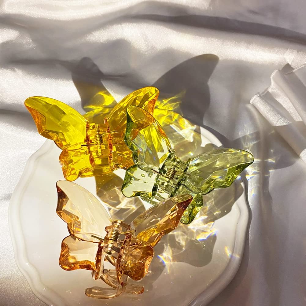MANODHRUVA 3-Piece Large Butterfly Hair Claw Clip Set - 3.4 Inch Clear Jaw Clips for Thick Hair | Jumbo Hair Clips for Women & Girls | Crystal Design | Perfect for Updos, Ponytails & Everyday Styling