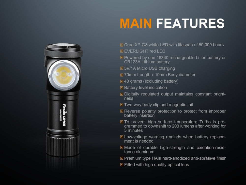 Fenix LD15R Rechargeable Right Angle LED Flashlight - 500 Lumens, IP68 Waterproof for Camping, Hiking & Emergency Use