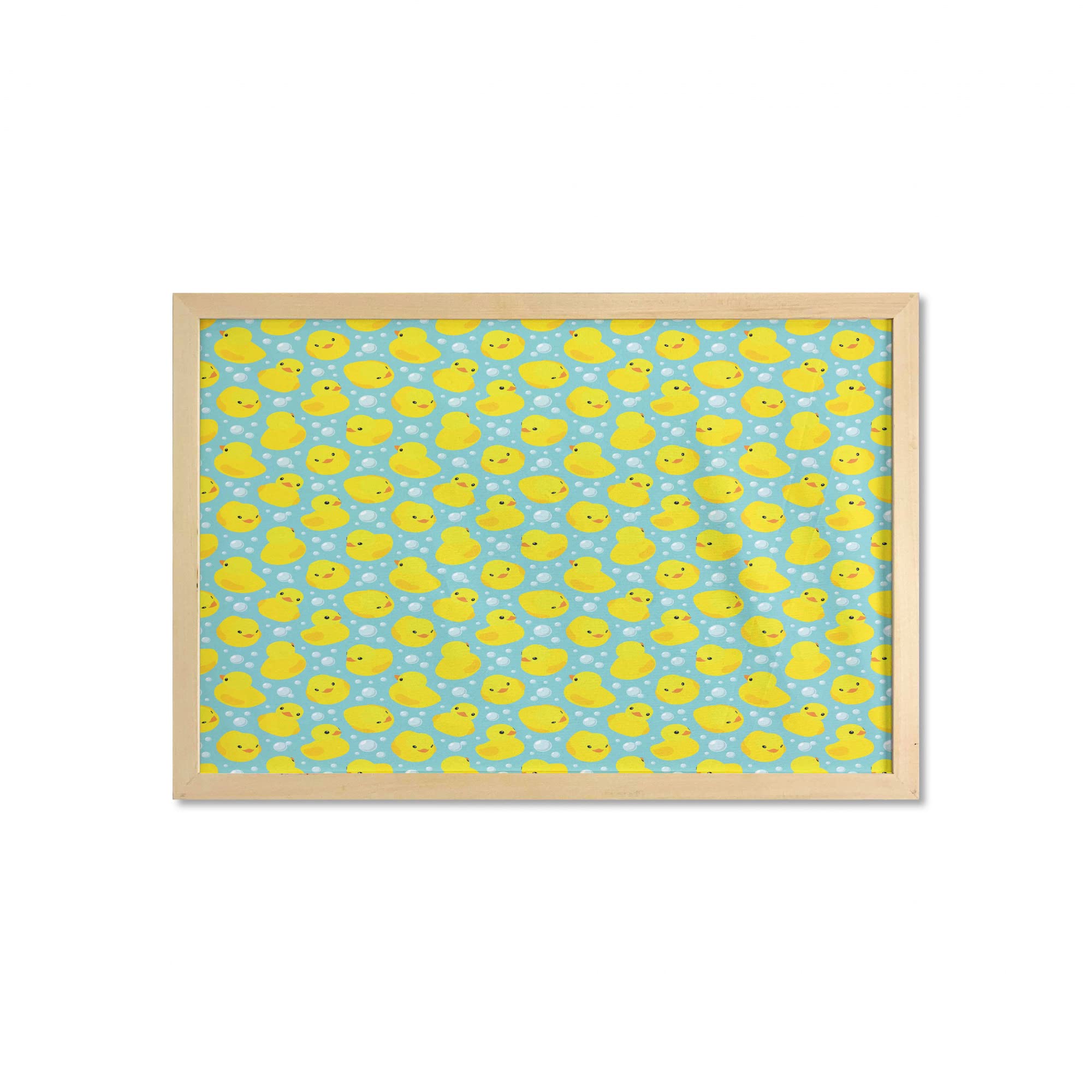 Ambesonne Rubber Duck Wall Art - Funny Printed Fabric Poster with Frame, Water & Bubbles Design in Turquoise Yellow Orange, 35