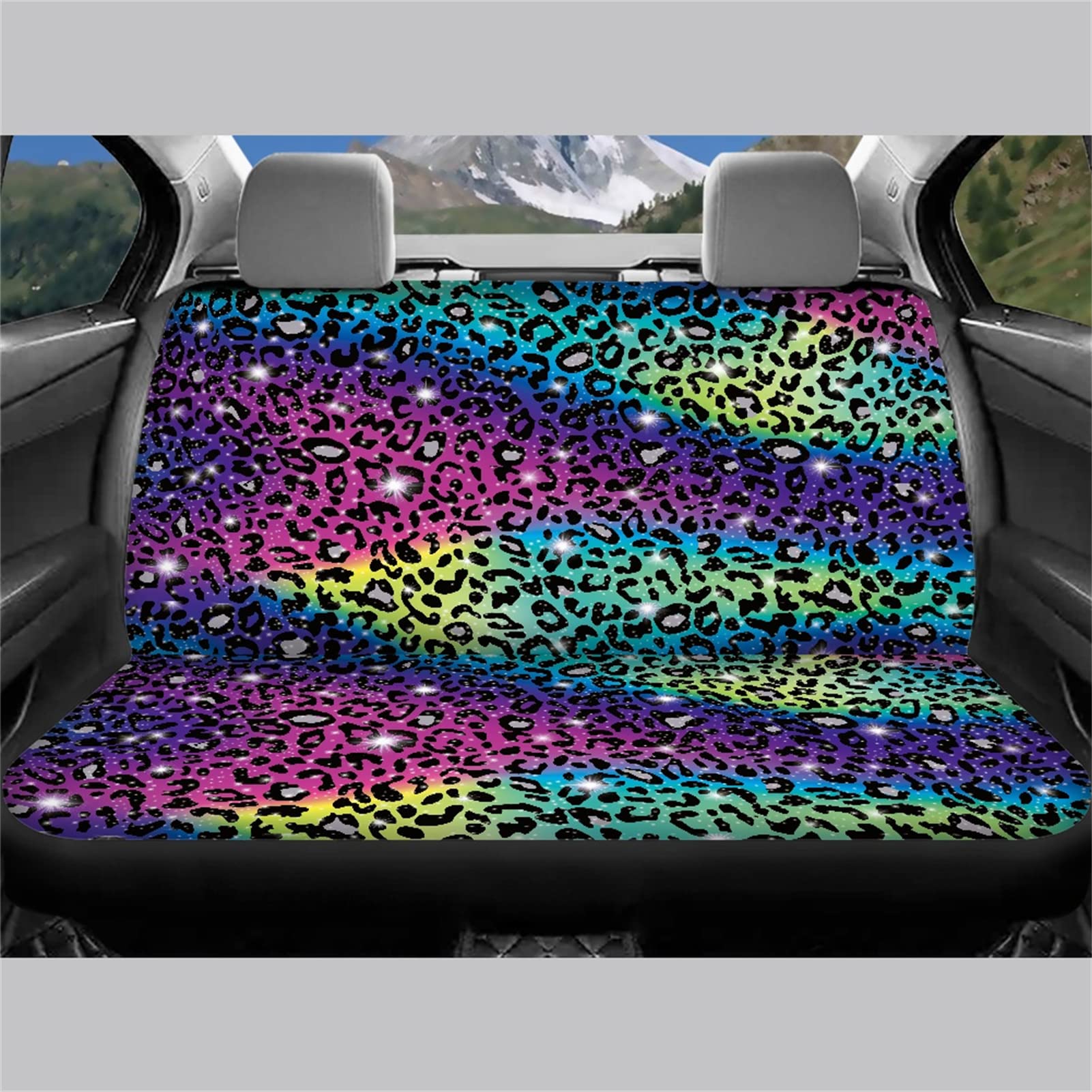 Rainbow Glitter Leopard Print Car Seat Covers Full Set - Universal Fit Front & Rear Split Bench Cheetah Design Car Seat Protectors for Cars, SUVs & Trucks - Stylish Interior Upgrade for Women & Teens