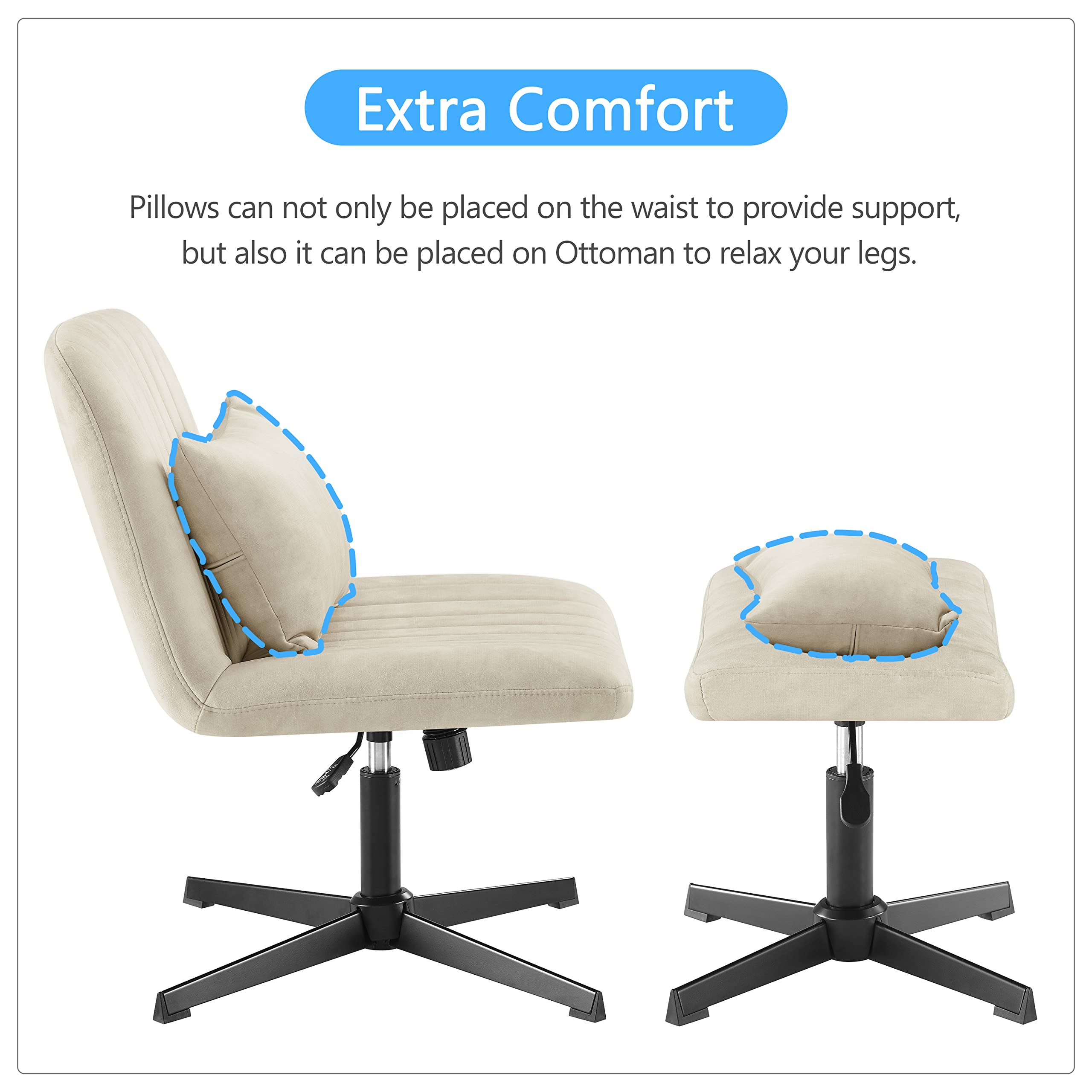 Zouron 360° Swivel Accent Chair with Ottoman - Adjustable Height Velvet Modern Tufted Wingback Club Chair, Upholstered Leisure Chair with Black Metal Legs for Office, Bedroom & Living Room - Perfect for Reading, Relaxing & Home Decor (Off-White)