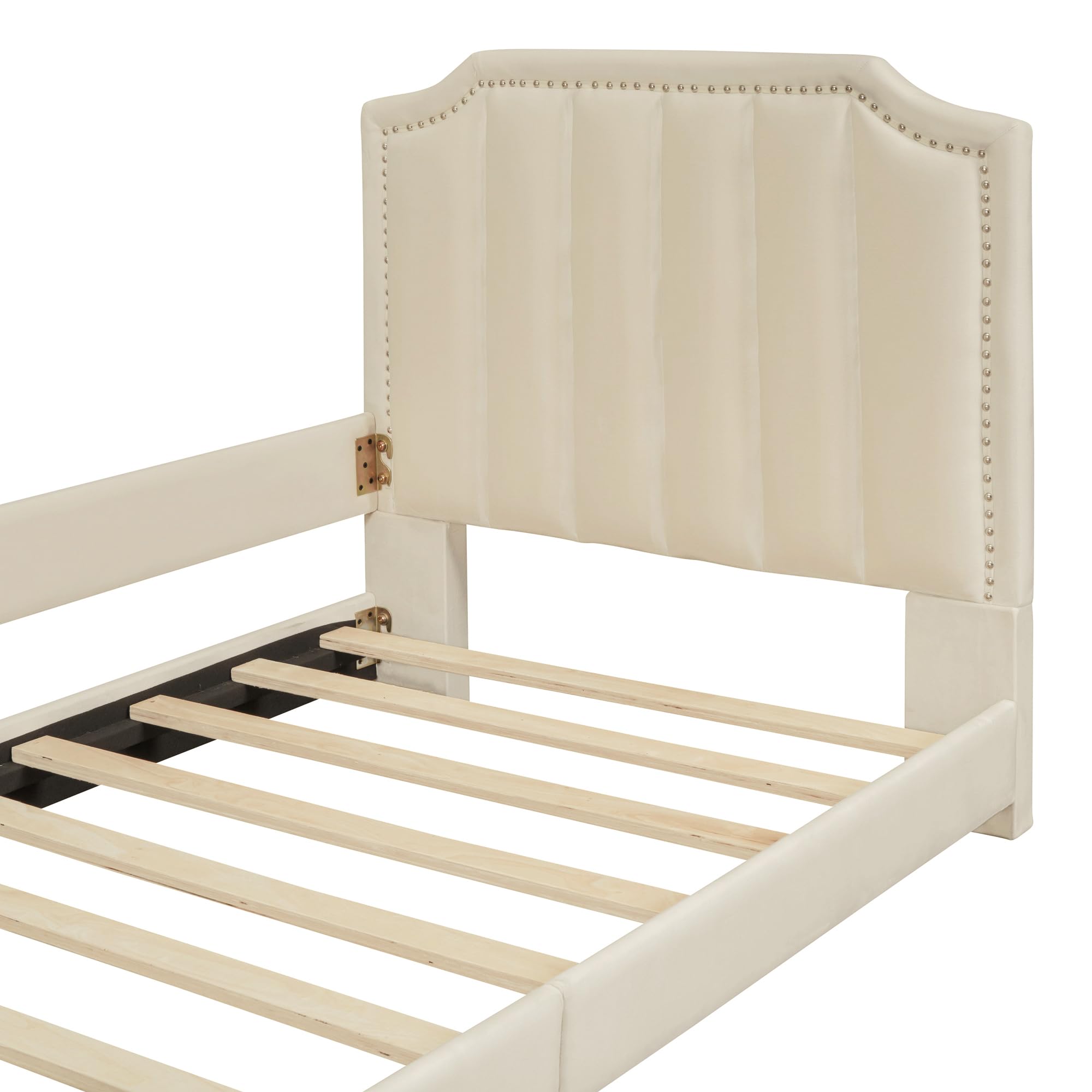 Harper & Bright Designs Velvet Upholstered Twin Daybed Frame for Kids - Classic Stripe Headboard, Sturdy Wood Construction, Beige | Perfect for Children's Bedroom, Guest Room, or Playroom Decor