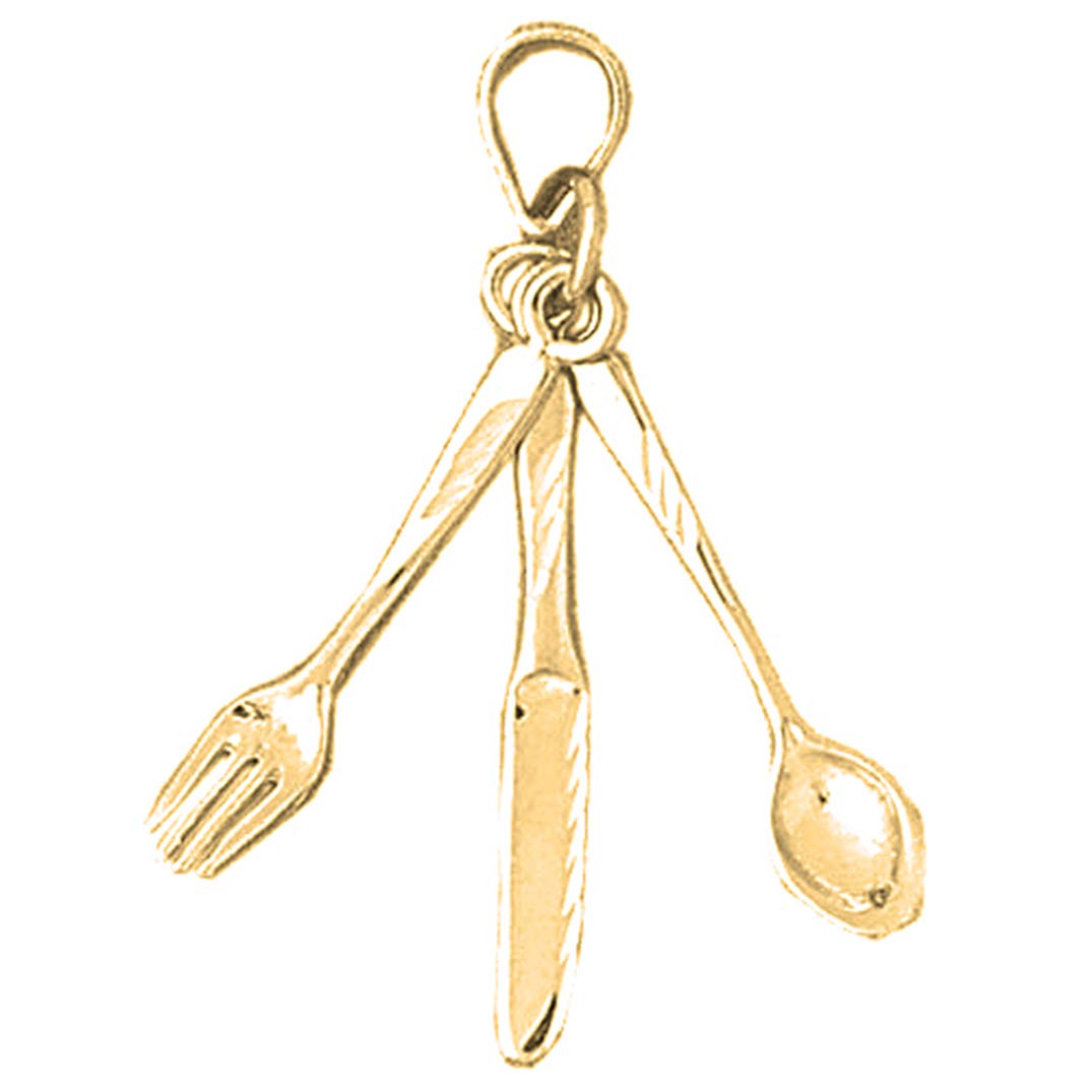 14K Yellow Gold 3D Utensil Pendant Set - Fork, Knife & Spoon Necklace (36mm) - Elegant Jewelry for Dining Enthusiasts & Unique Gift Ideas