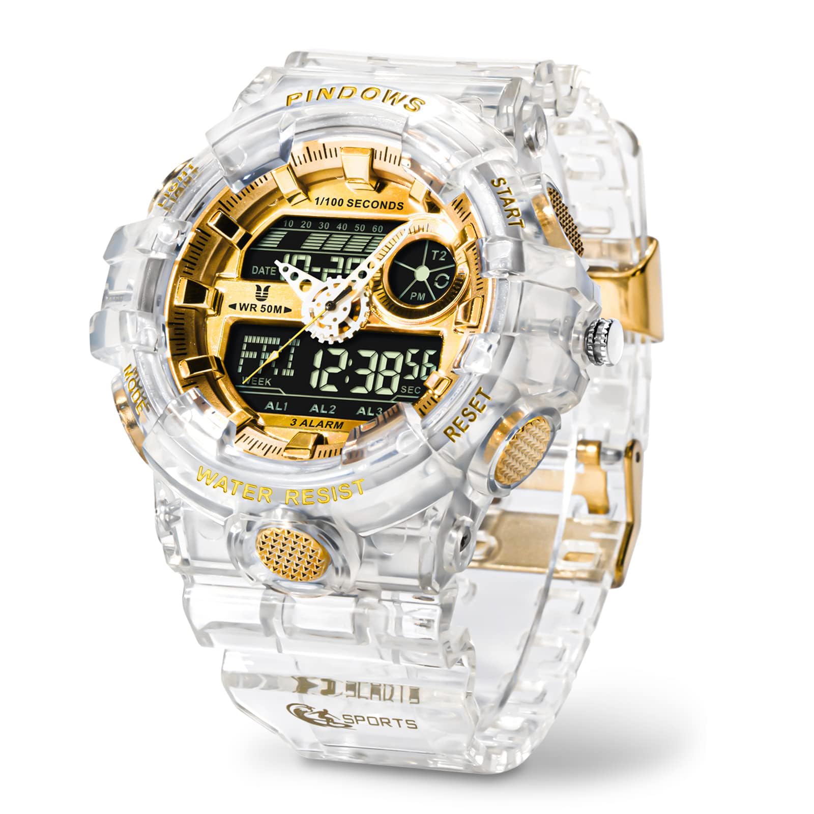 PINDOWS Men's Waterproof Digital Watch - 50M, LED Alarm, Stopwatch for Outdoor Sports