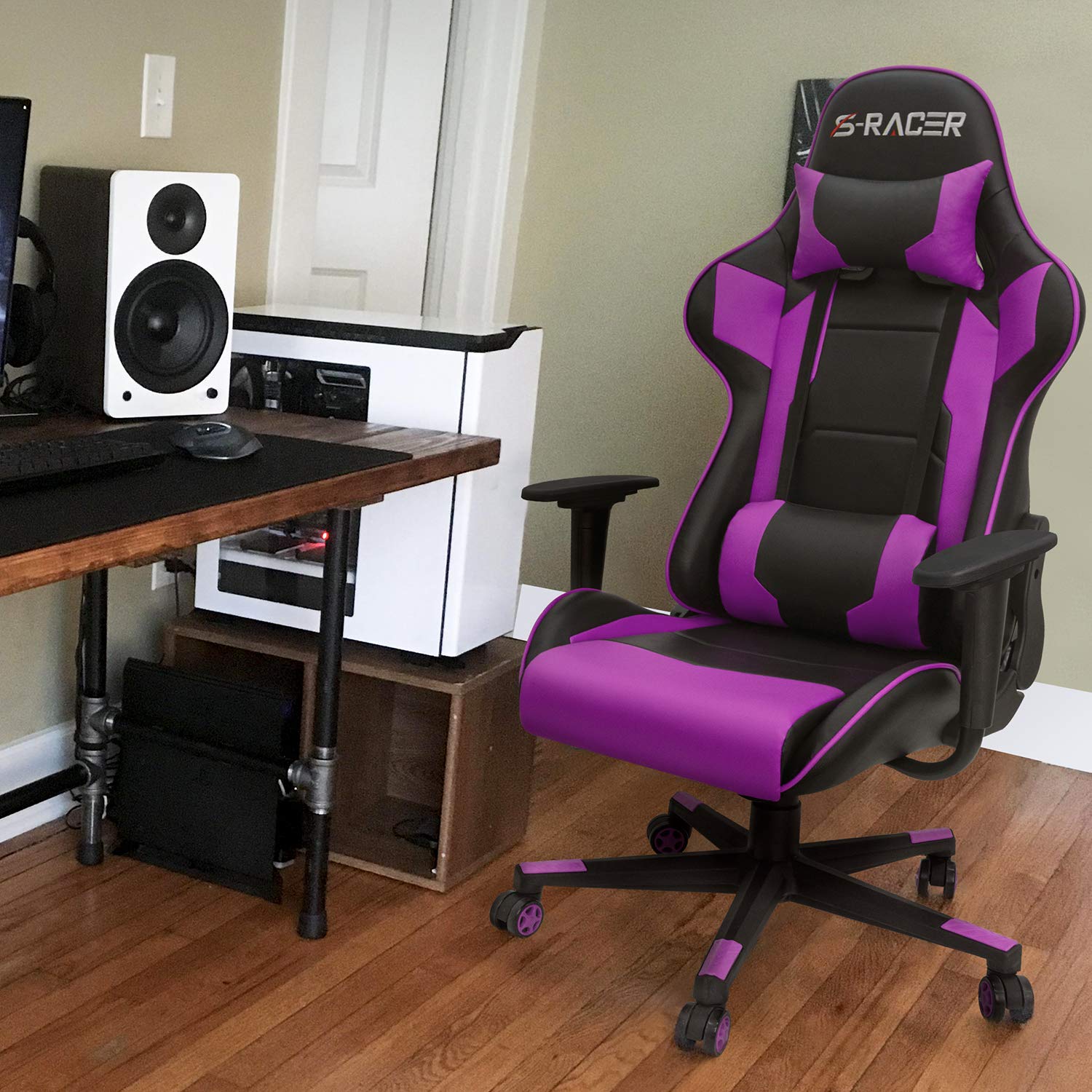 Homall Ergonomic Gaming Chair - High Back Office Chair with Adjustable Headrest & Lumbar Support, Leather Computer Desk Chair for Racing, Executive & Home Use - Perfect for Gaming, Work & Study (Violet)