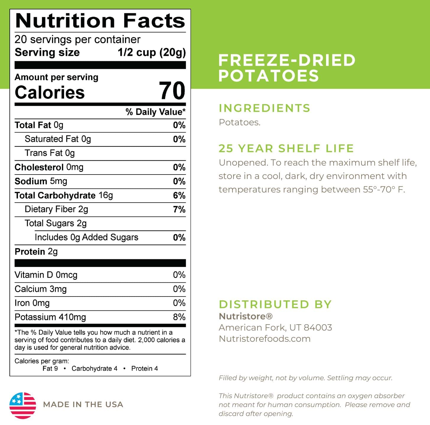 Nutristore Freeze Dried Potatoes 4 Pack - 80 Servings | Healthy Emergency Food Storage with 25 Year Shelf Life | Lightweight Camping & Survival Food for Hiking, Backpacking, and Disaster Preparedness