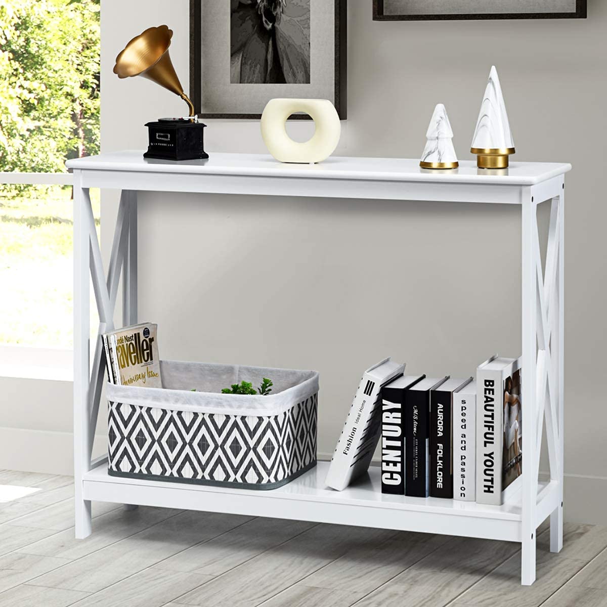 Giantex White 2-Tier Console Table with Storage Shelf, X-Design Narrow Accent Table for Entryway, Hallway, Living Room | Sofa Side Table, Bookshelf | Perfect for Small Spaces & Home Decor