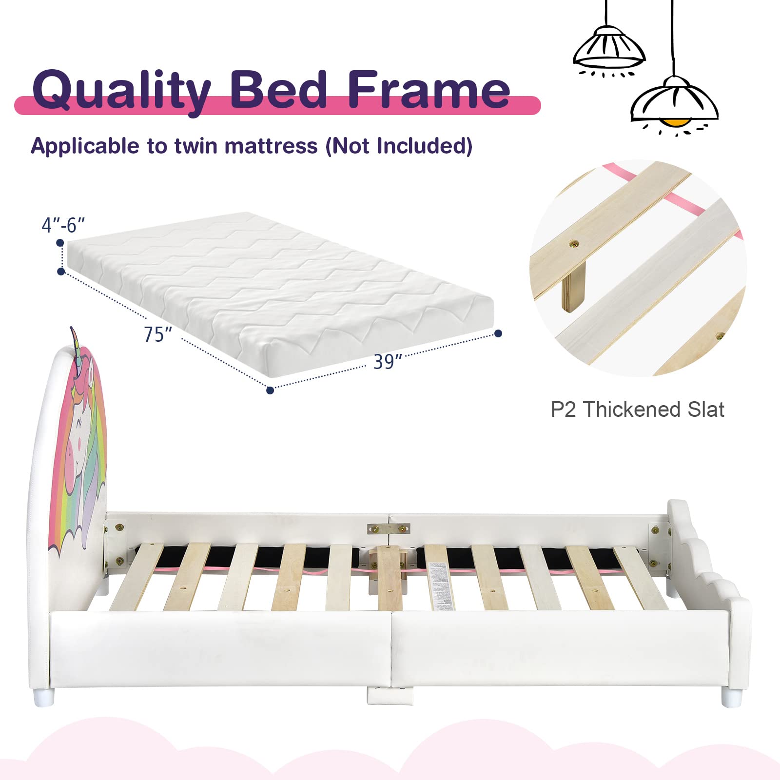 HONEY JOY Twin Bed Frame for Kids - Sturdy Wooden Platform Bed with Headboard & Slat Support, No Box Spring Needed - Perfect for Boys & Girls Bedroom - Fits Standard Twin Mattress - Unicorn Themed Kids Furniture for Playrooms & Sleepovers