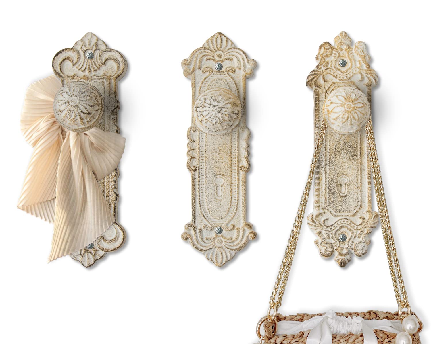 Vintage Shabby Chic Cast Iron Wall Hooks - Set of 3 Rustic White Coat Hangers with Screws & Anchors - Antique Door Knob Style Hooks for Hanging Coats, Hats, Bags & Home Decor - Perfect for Entryway, Bedroom & Bathroom Organization