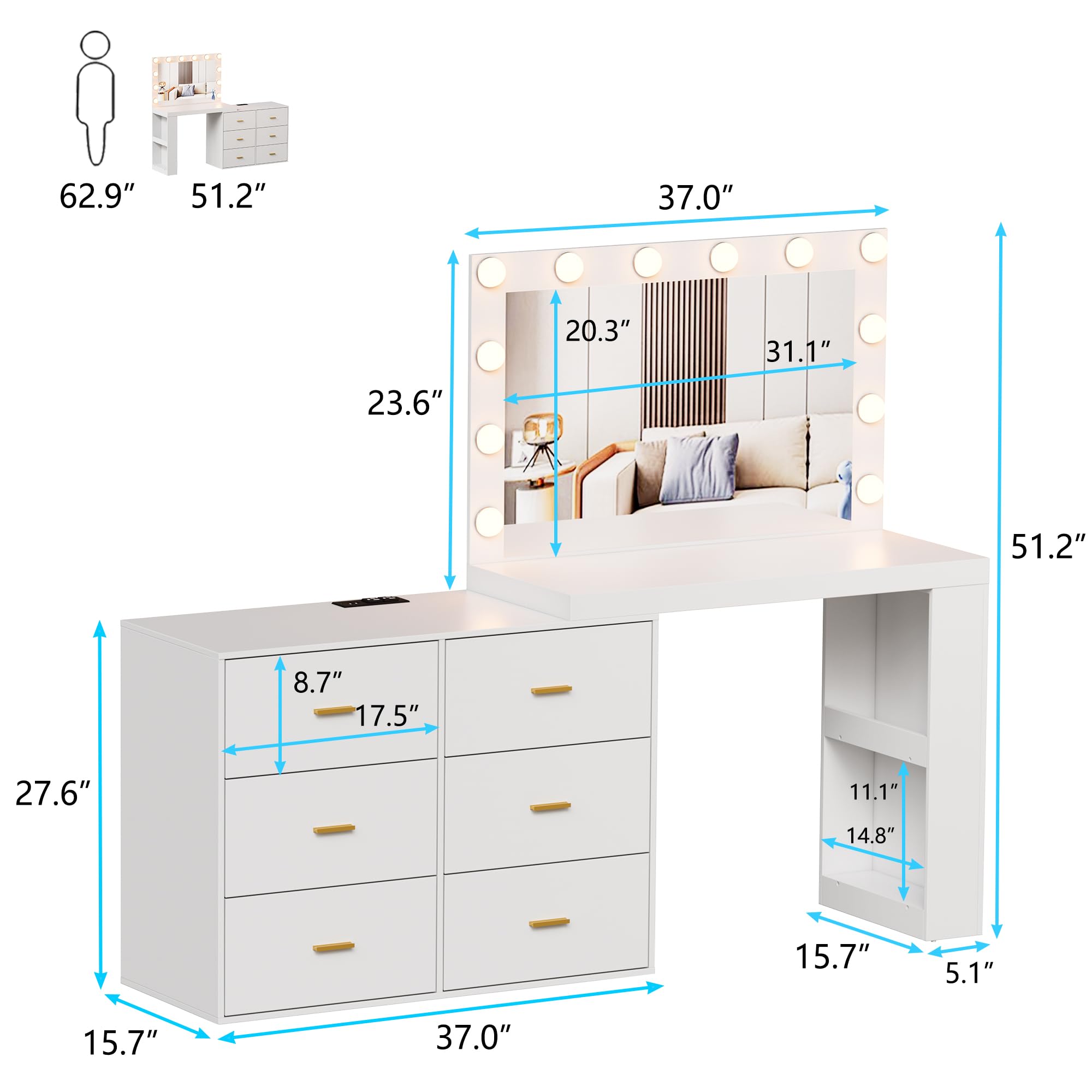 PakaLife Vanity Desk with Mirror, Lights & Charging - 6 Drawers for Bedroom Makeup