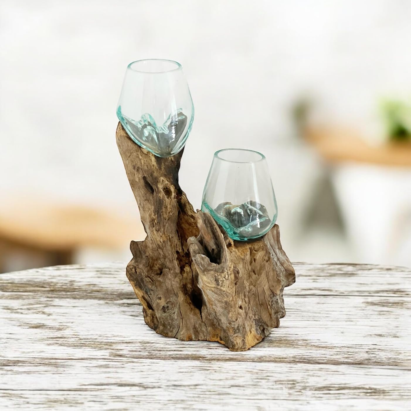 OMA Molten Glass on Wood Double Decorative Bowl Planter Vase - XL Size Centerpiece for Home Decor, Wedding, Table Setting & Unique Gift Ideas