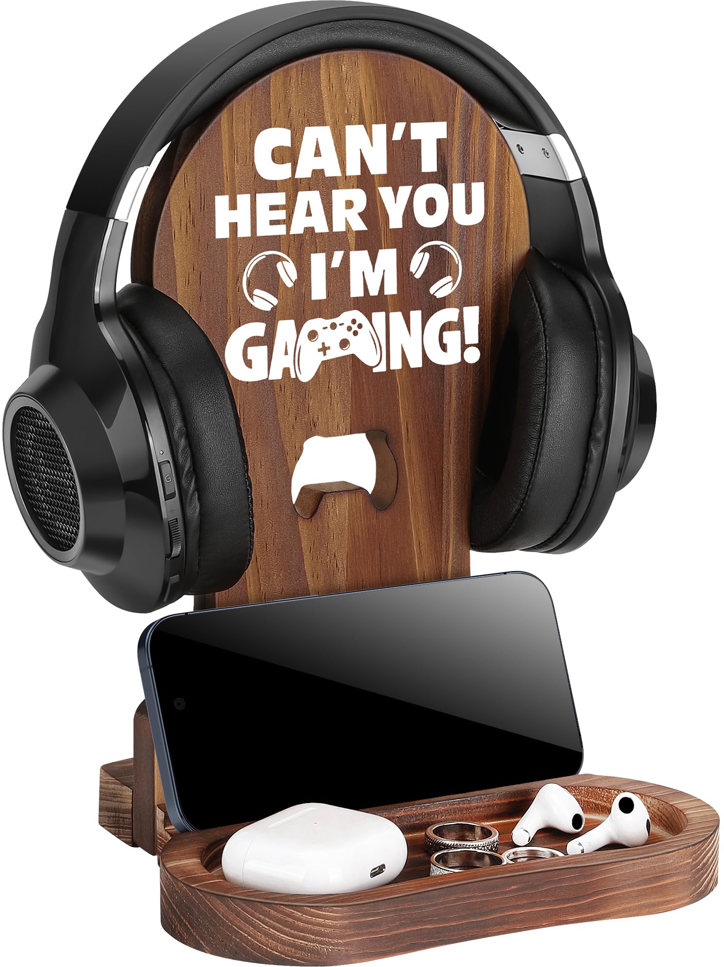 Premium Wooden Gaming Headset Stand - Unique Gamer Gifts for Men, Teen Boys, Husband & Boyfriend - Cool Gaming Room Decor & Accessories - Perfect for Gaming Setups, Streamer Battlestations & Esports Enthusiasts