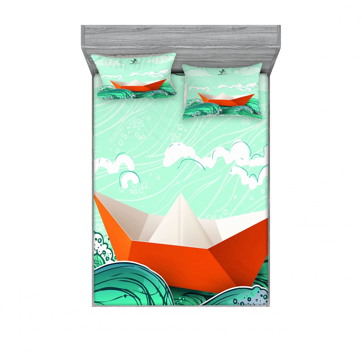 Ambesonne 4-Piece Queen Size Navy Ocean Themed Bedding Set - 2 Fitted Sheets & 2 Pillow Shams with Waves and Sealife Design in Sky Blue & Orange | Perfect for Coastal Decor, Beach House Bedroom, or Nautical Theme Guest Room