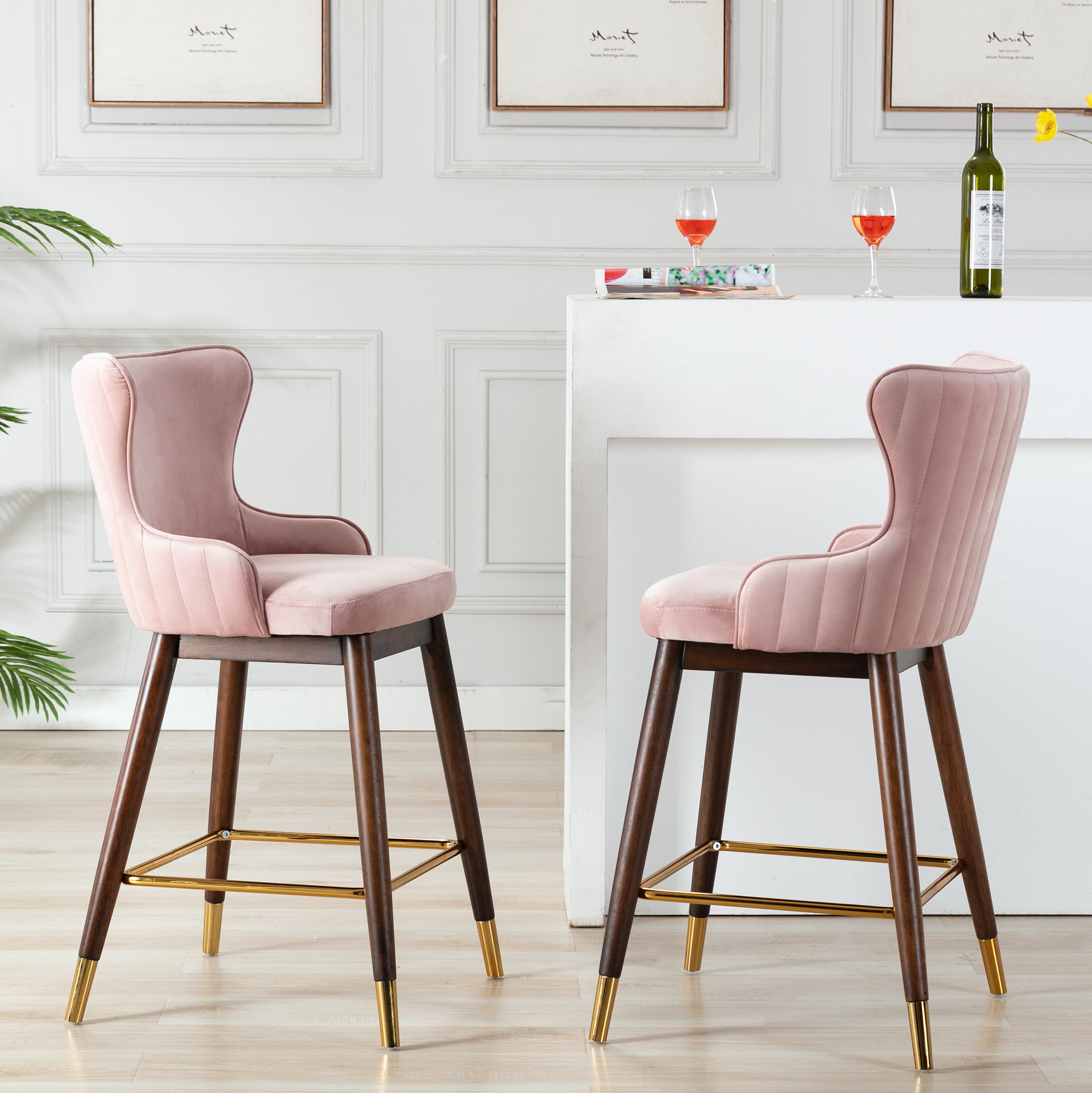 Roundhill Furniture Leland Fabric Upholstered Counter Height Wingback Bar Stools, Pink - Set of 2 for Kitchen Island, Breakfast Nook & Home Decor